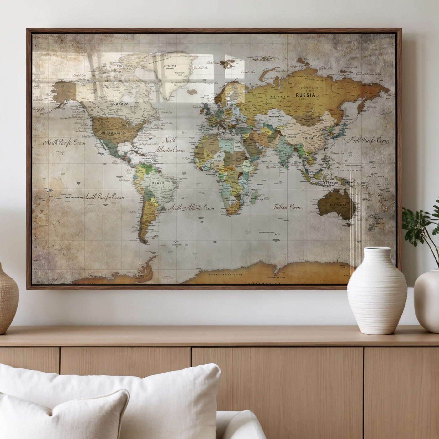 86108417-MGV-CV-36X24 - World Map Wall Art Canvas Print, Modern Decorative Framed Map Artwork Prints for Living Room, Office, Bedroom Wall Decor