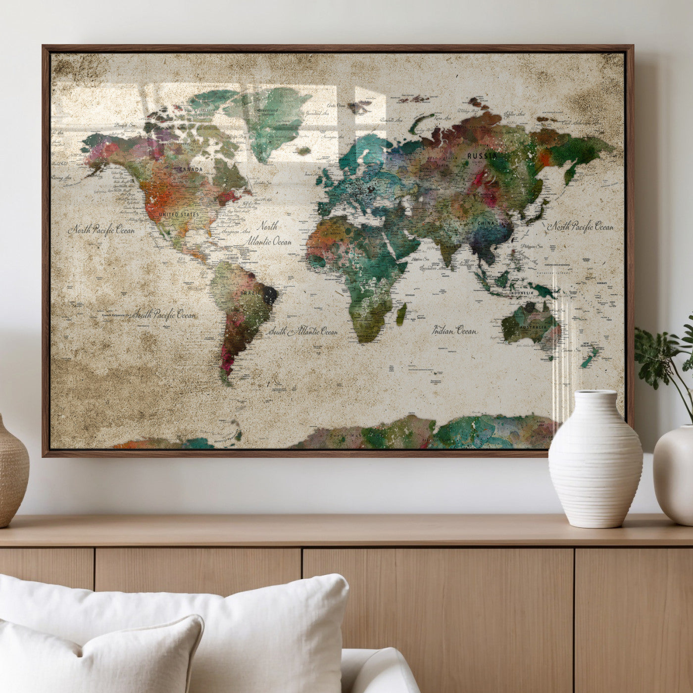 87544591-MGV-CV-36X24 - World Map Wall Art Canvas Print, Modern Decorative Framed Map Artwork Prints for Living Room, Office, Bedroom Wall Decor