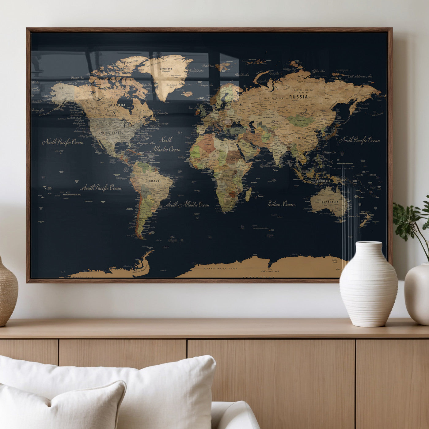 94449133-MGV-CV-36X24 - World Map Wall Art Canvas Print, Modern Decorative Framed Map Artwork Prints for Living Room, Office, Bedroom Wall Decor