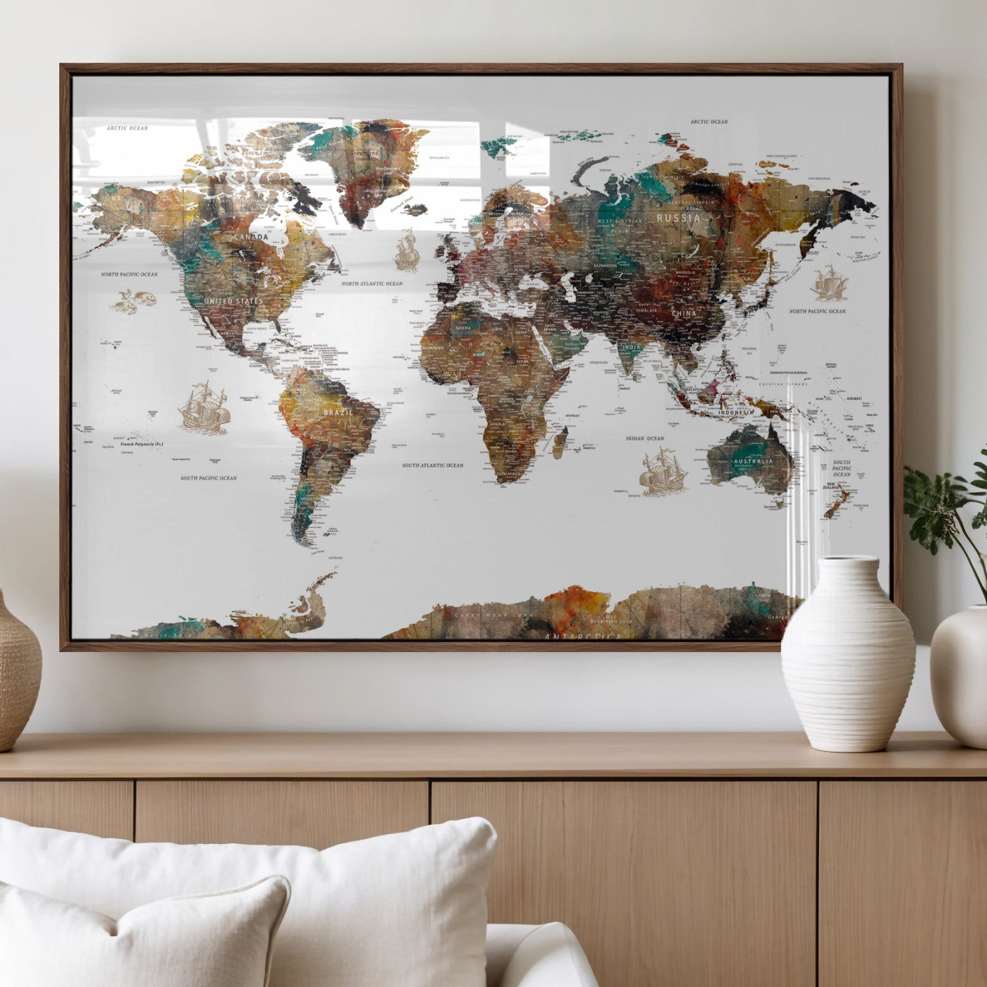 82293175-MGV-CV-36X24 - World Map Wall Art Canvas Print, Modern Decorative Framed Map Artwork Prints for Living Room, Office, Bedroom Wall Decor