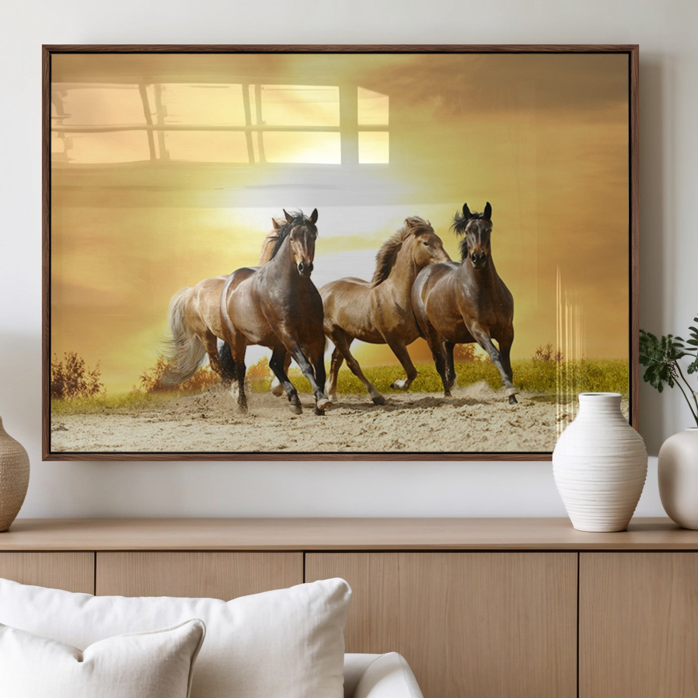 44763-MGV-FP-36X24-3P_Walnut-Wild Horses Wall Art Canvas Print – Framed Galloping Herd Animal Artwork for Home, Office, Living Room, Guest Room