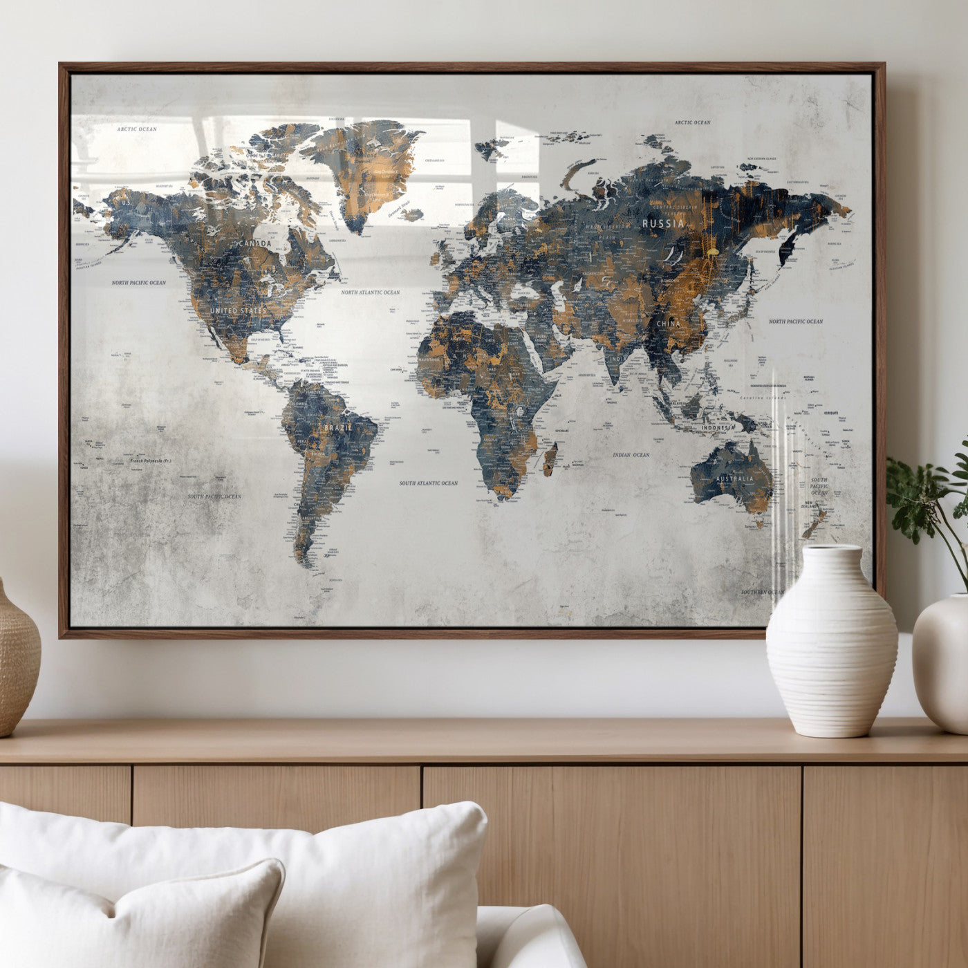 52451147-MGV-CV-36X24 - World Map Wall Art Canvas Print, Modern Decorative Framed Map Artwork Prints for Living Room, Office, Bedroom Wall Decor