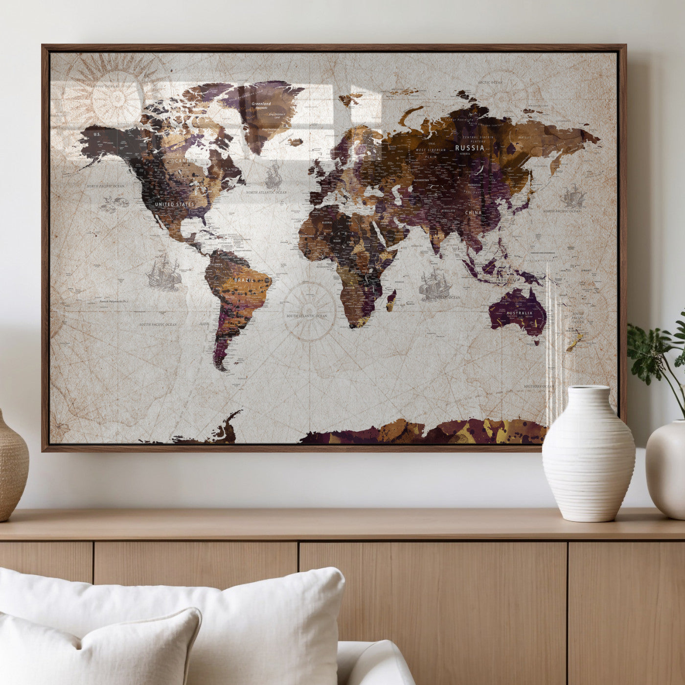 53400857-MGV-CV-36X24 - World Map Wall Art Canvas Print, Modern Decorative Framed Map Artwork Prints for Living Room, Office, Bedroom Wall Decor