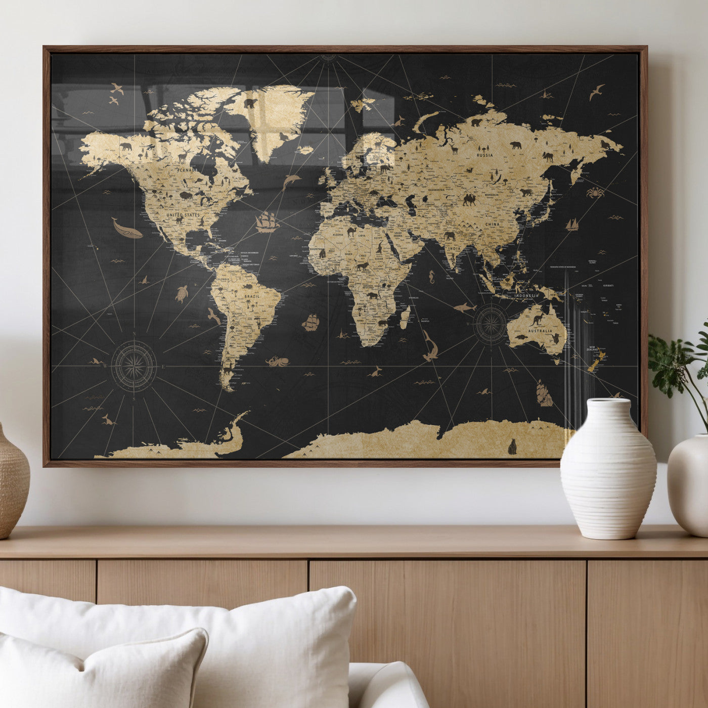 80270976-MGV-CV-36X24 - World Map Wall Art Canvas Print, Modern Decorative Framed Map Artwork Prints for Living Room, Office, Bedroom Wall Decor