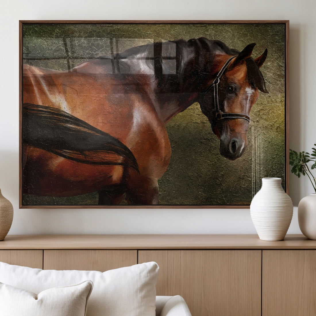 Majestic Brown Horse Wall Art Canvas Print, Framed Equestrian Artwork