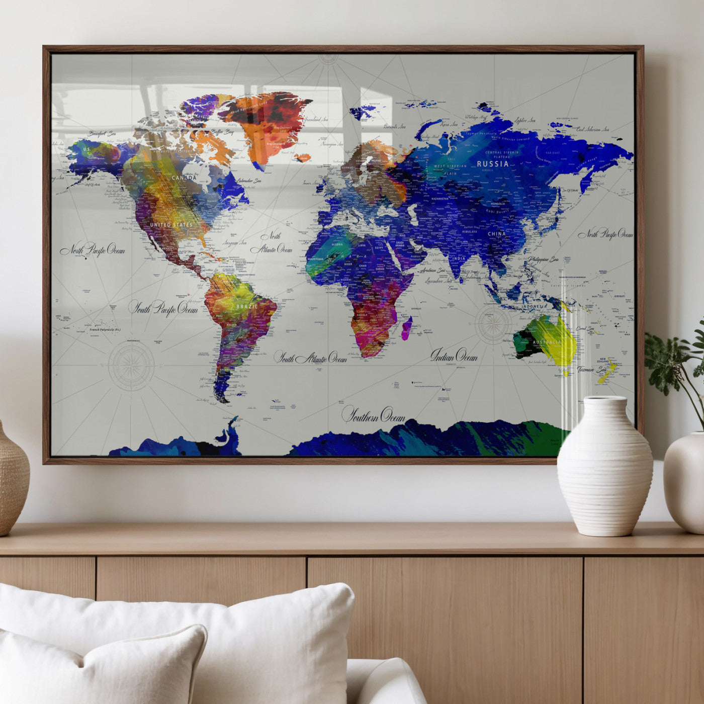 49670038-MGV-CV-36X24 - World Map Wall Art Canvas Print, Modern Decorative Framed Map Artwork Prints for Living Room, Office, Bedroom Wall Decor