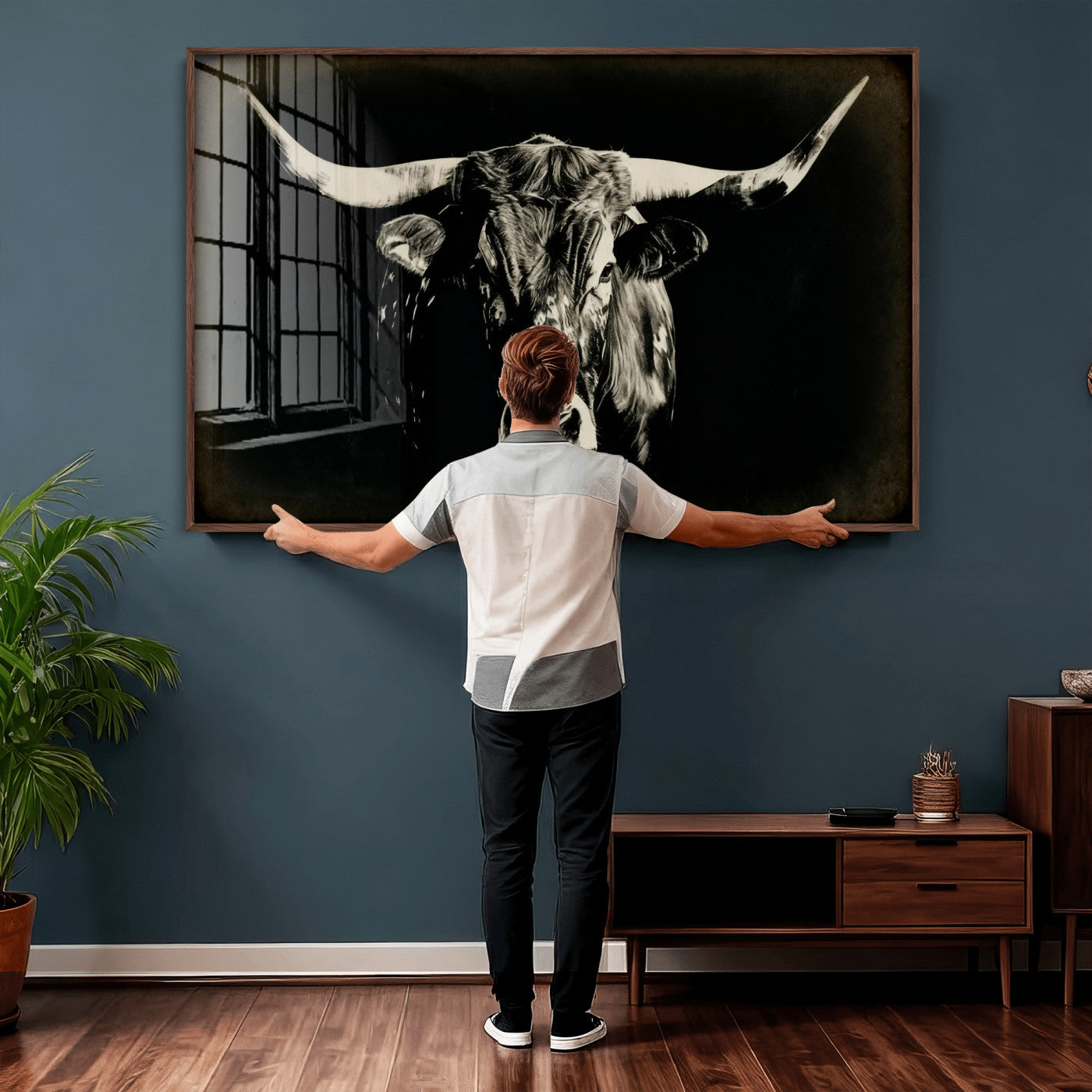 91364114-MGV-CV-36X24 - Black Bull Wall Art Canvas Print, Texas Longhorn Portrait Print, Framed Wall Art Ready to Hang