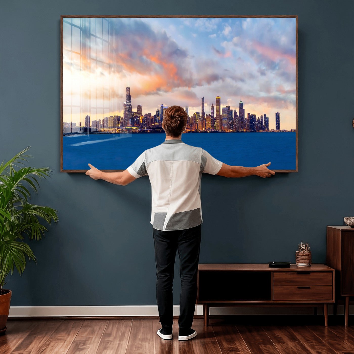 34667960-MGV-CV-36X24 - Chicago Wall Art Canvas Print, Chicago City Downtown Night Cityscape Print for Modern Urban Wall Decor