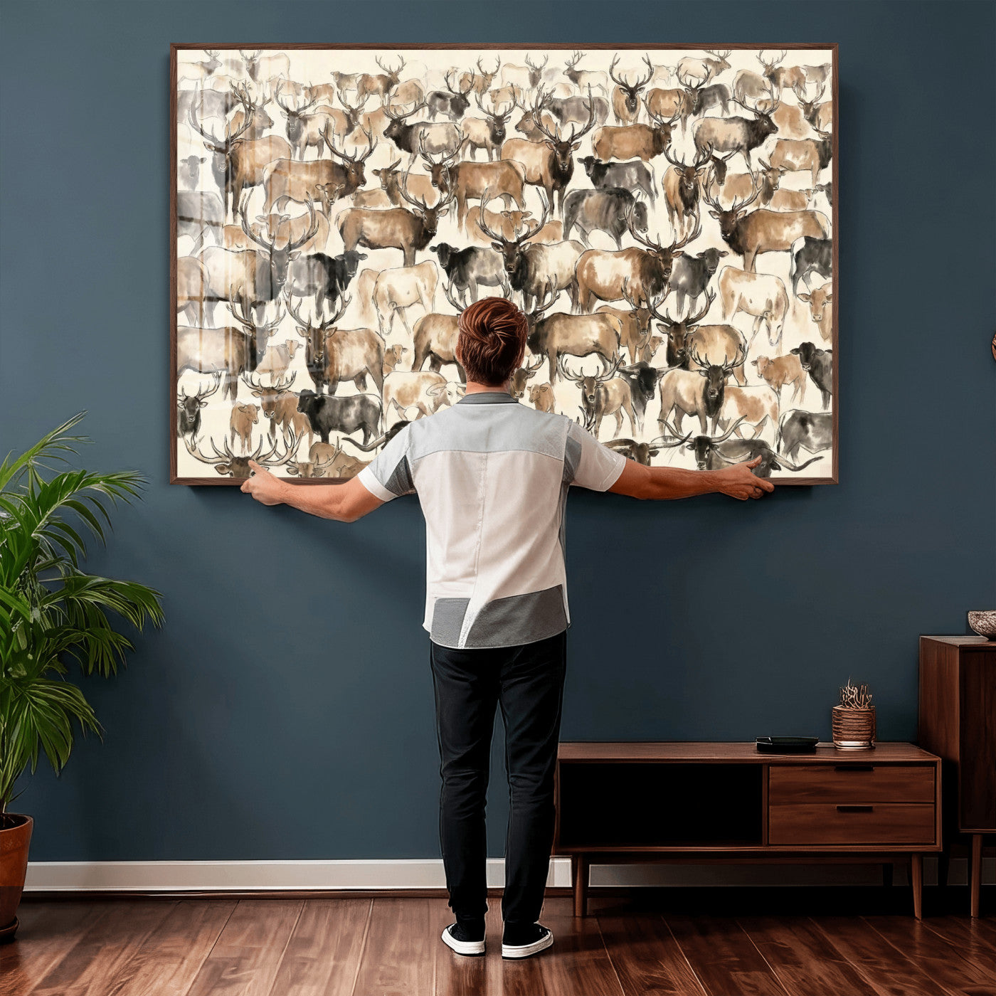 24374881-MGV-CV-36X24 - Farmhouse Animals Wall Art Canvas Print - Abstract Farm Animal Drawing Mid-Century Wall Art for Cabin Decor