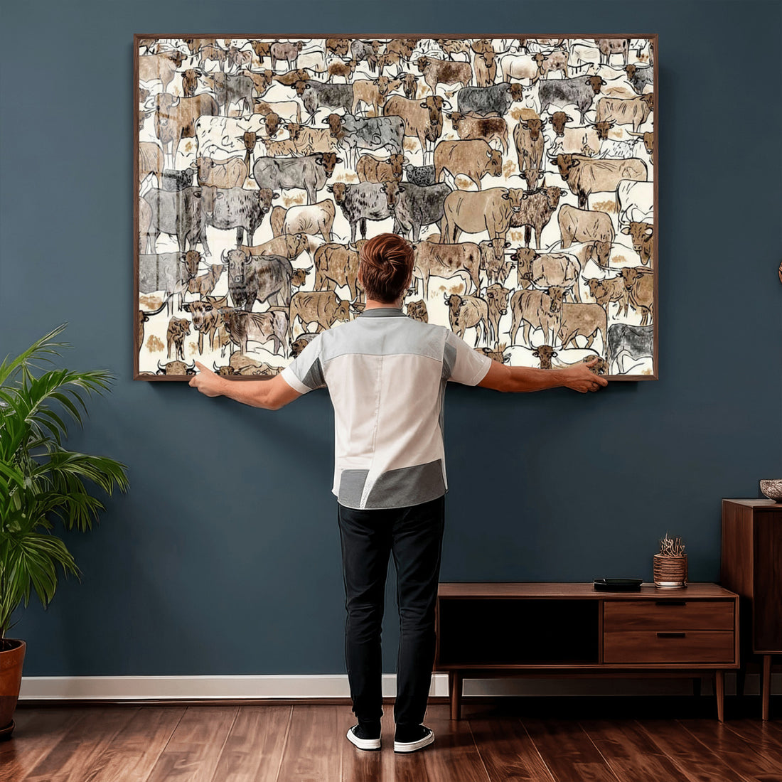 Abstract Longhorn Wall Art Canvas Print, Cow Animal Drawing