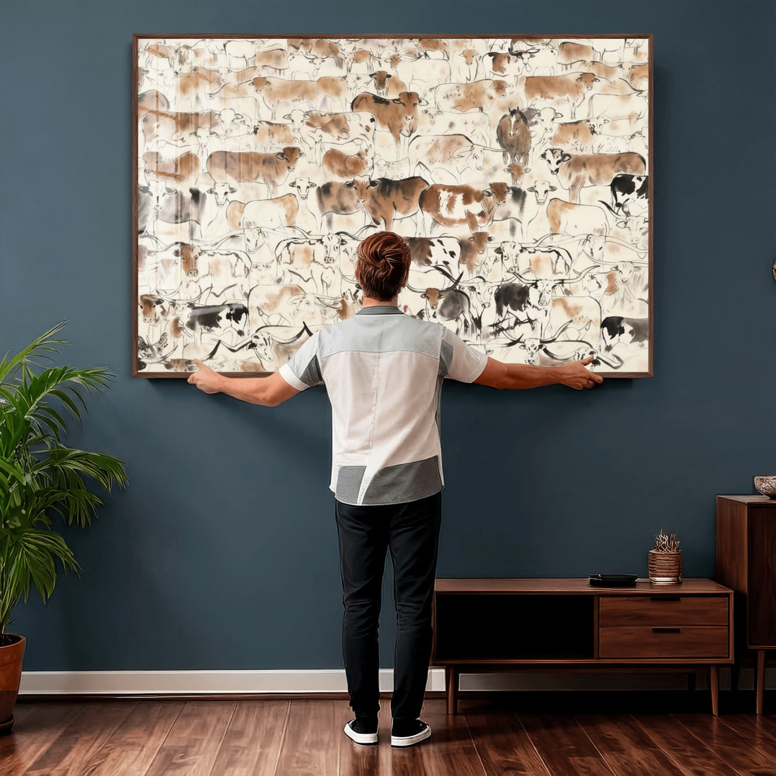 Farmhouse Longhorn Wall Art Canvas Print, Abstract Farm Animal Drawing for Home Decor