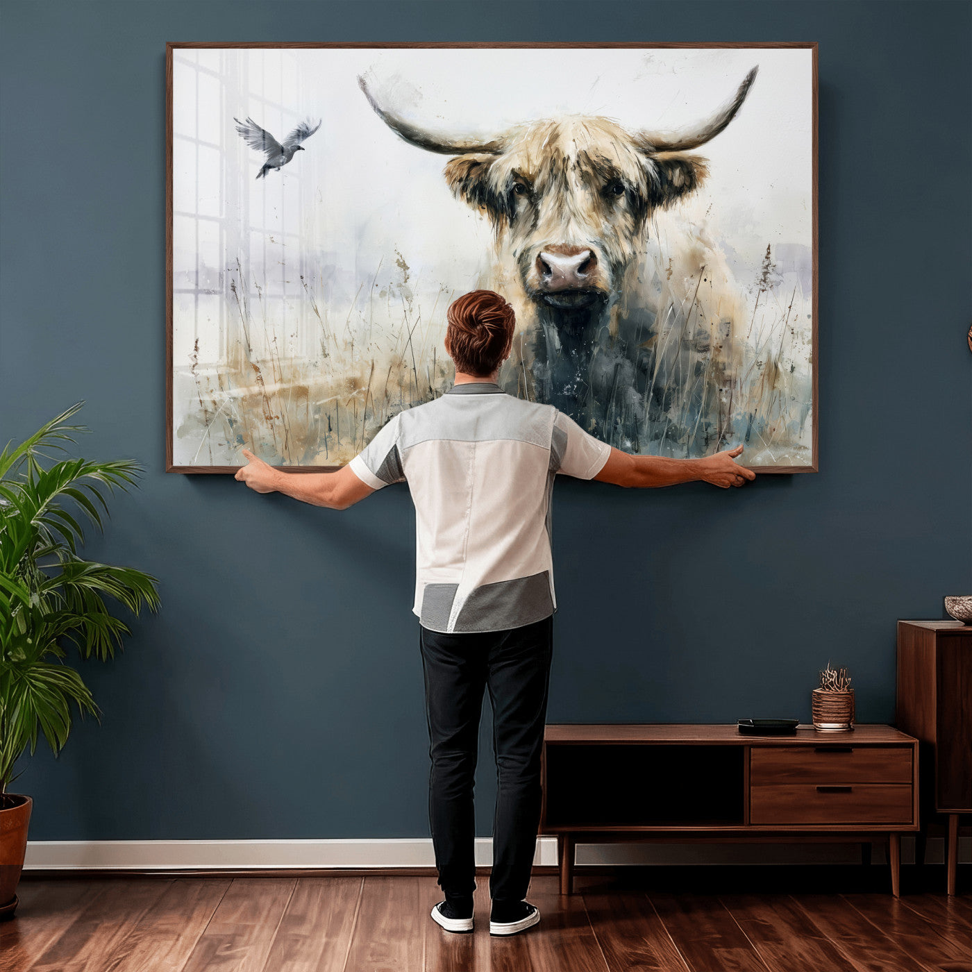55652651-MGV-CV-36X24 - Abstract Highland Cow Watercolor Animal Wall Art Canvas Print, Rustic Farm Cattle Portrait Canvas Print, Neutral Wildlife Farmhouse Art Printing