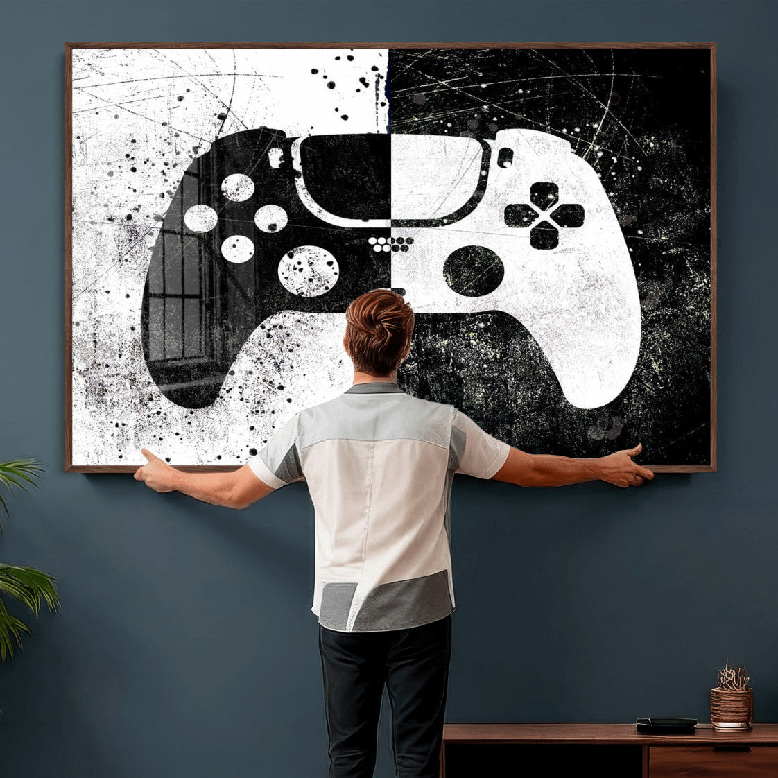 17525128-MGV-CV-36X24 - Abstract Gaming Controller Wall Art Canvas Print, Black White Video Game Controller Modern Canvas Print, Minimal Gamer Graphic Art Printing