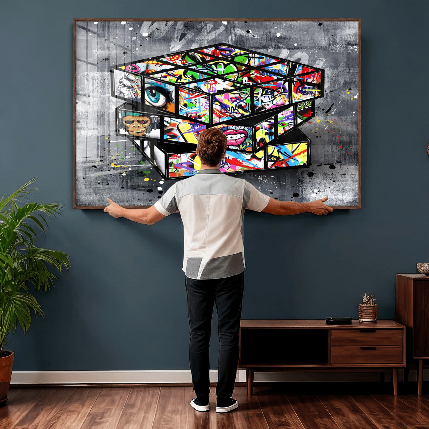 46789556-MGV-CV-36X24 - Graffiti Cube Abstract Street Art Wall Art Canvas Print, Colorful Urban Pop Art Geometric Canvas Print, Modern Street Art Contemporary Art Printing