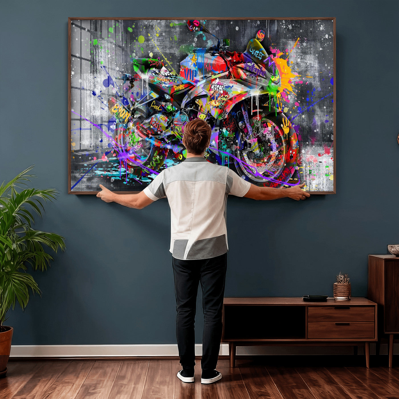 83021767-MGV-CV-36X24 - Graffiti Motorcycle Wall Art Canvas Print, Urban Street Art Motorbike Decor, Colorful Graffiti Sports Bike Artwork