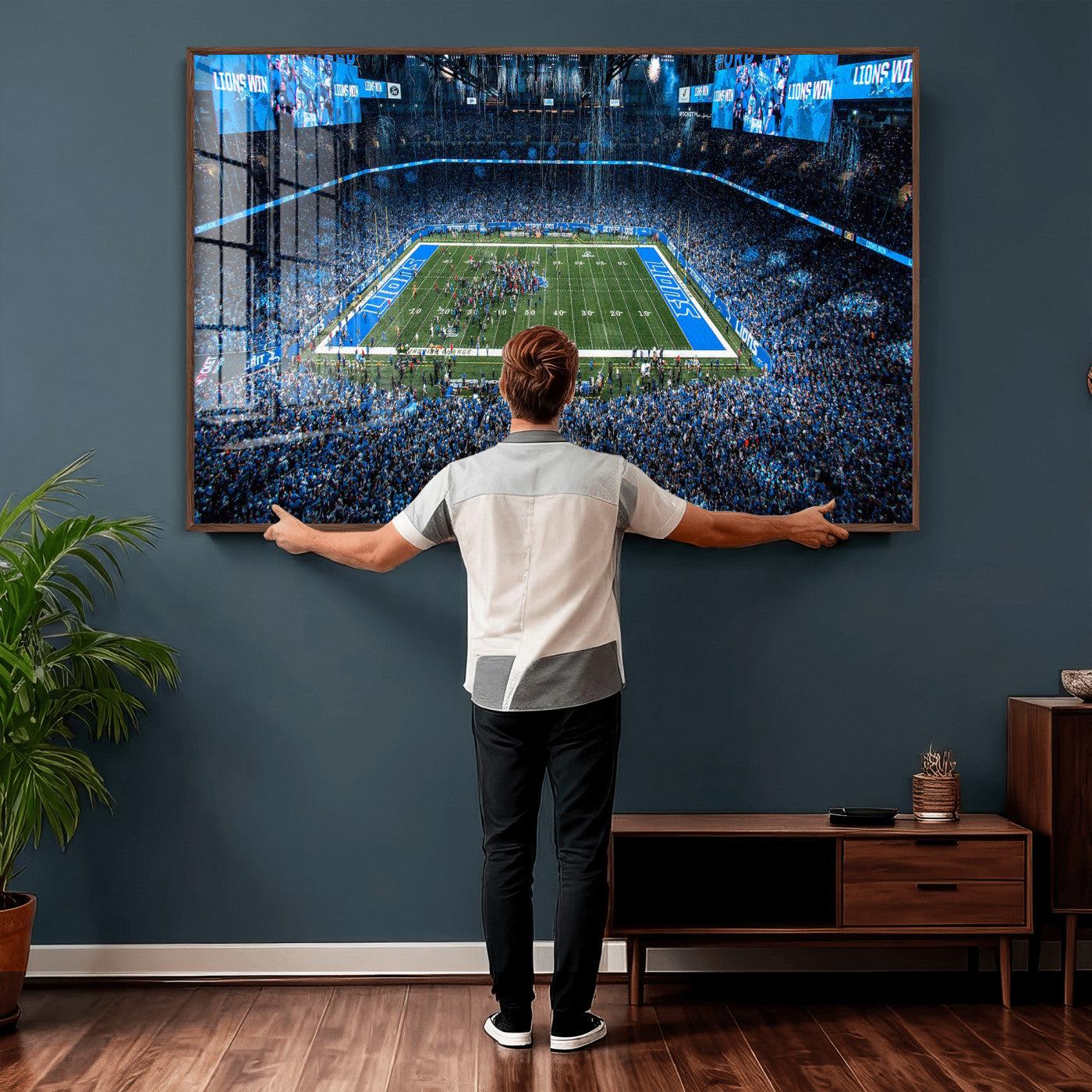 80882005-MGV-CV-36X24 - Detroit Lions Stadium Wall Art Canvas Print, Football Field Panorama Artwork, NFL Game Night Stadium Decor