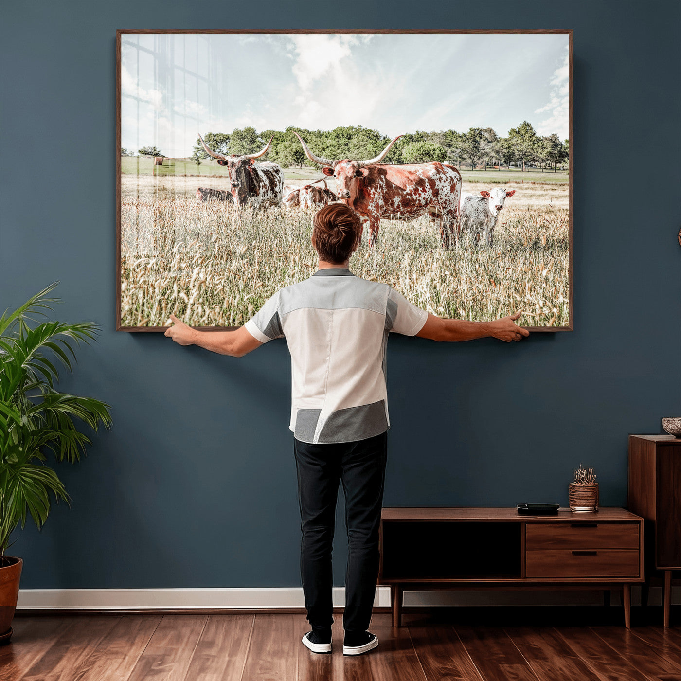 21823552-MGV-CV-36X24 - Texas Longhorn Cattle Wall Art Canvas Print, Rustic Ranch Landscape Artwork, Western Farm Field Scene, Country Prairie Animal Canvas Wall Art