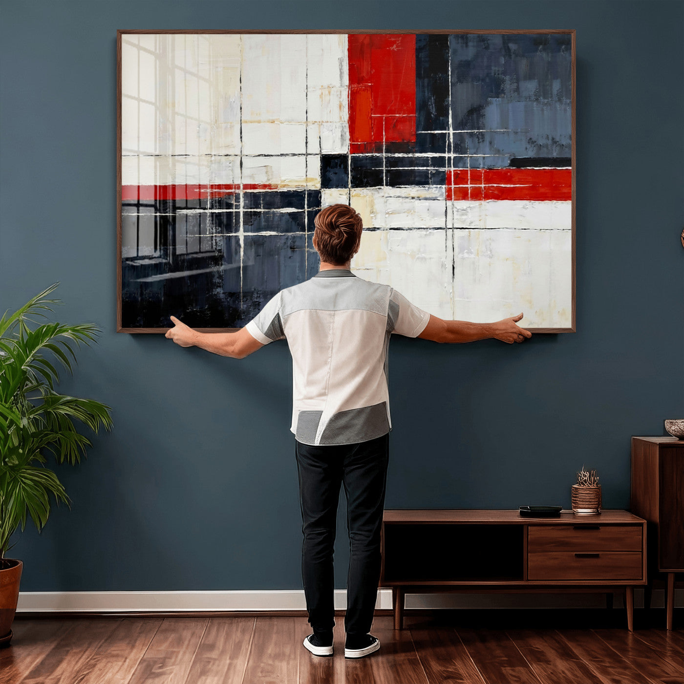 11921181-MGV-CV-36X24 - Navy Red Abstract Wall Art Canvas Print, Modern Luxury Geometric Painting Wall Decor for Living Room and Office