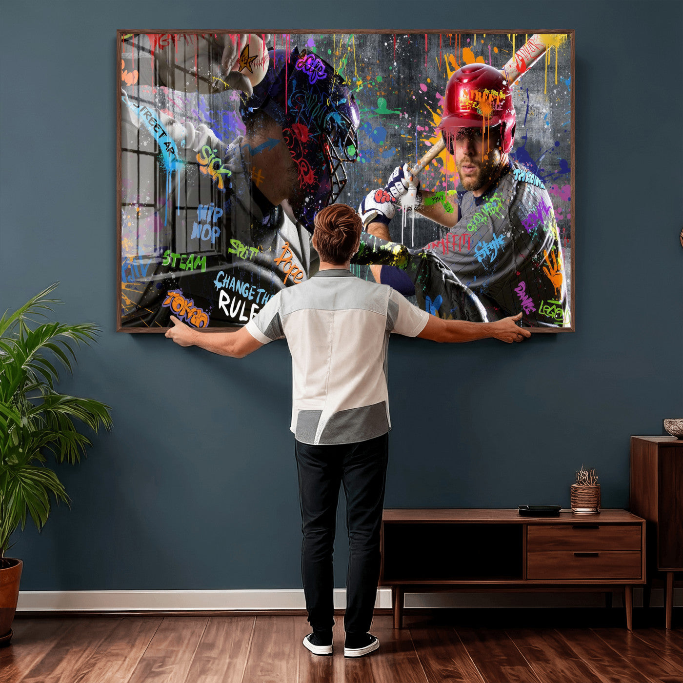19634994-MGV-CV-36X24 - Graffiti Baseball Player Street Art Wall Art Canvas Print, Urban Sports Pop Art Baseball Canvas Print, Modern Athletic Graffiti Contemporary Art Printing