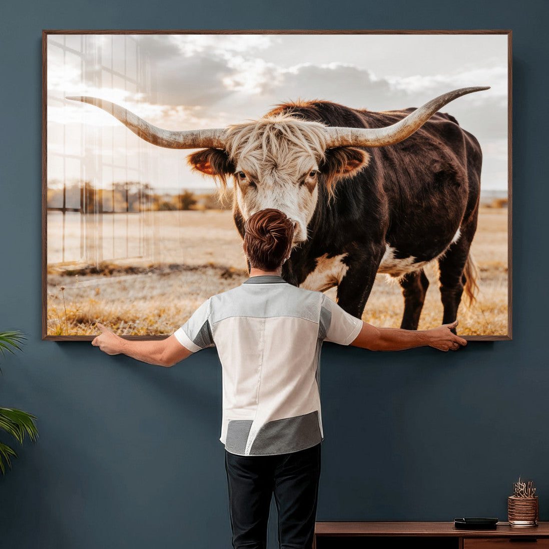 88230279-MGV-CV-36X24 - Texas Longhorn Bull Rustic Wall Art Canvas Print, Western Cattle Photography Canvas Print, Ranch Farm Animal Western Art Printing