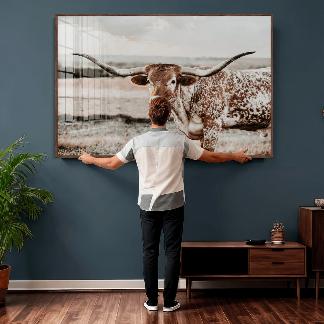 Texas Longhorn Bull Rustic Wall Art Canvas Print, Framed and Ready to Hang