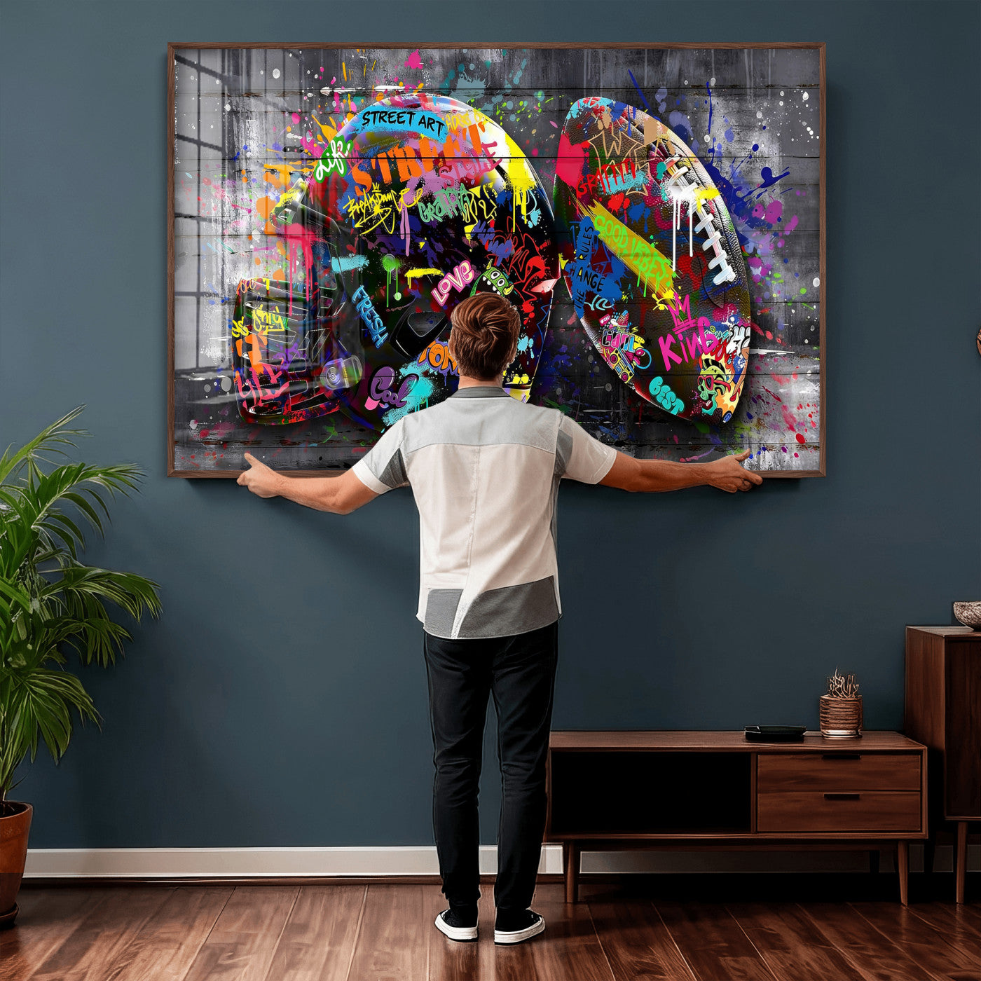80540773-MGV-CV-36X24 - Graffiti American Football Helmet Street Art Wall Art Canvas Print, Urban Sports Pop Art Football Canvas Print, Colorful Graffiti Sports Contemporary Art Printing