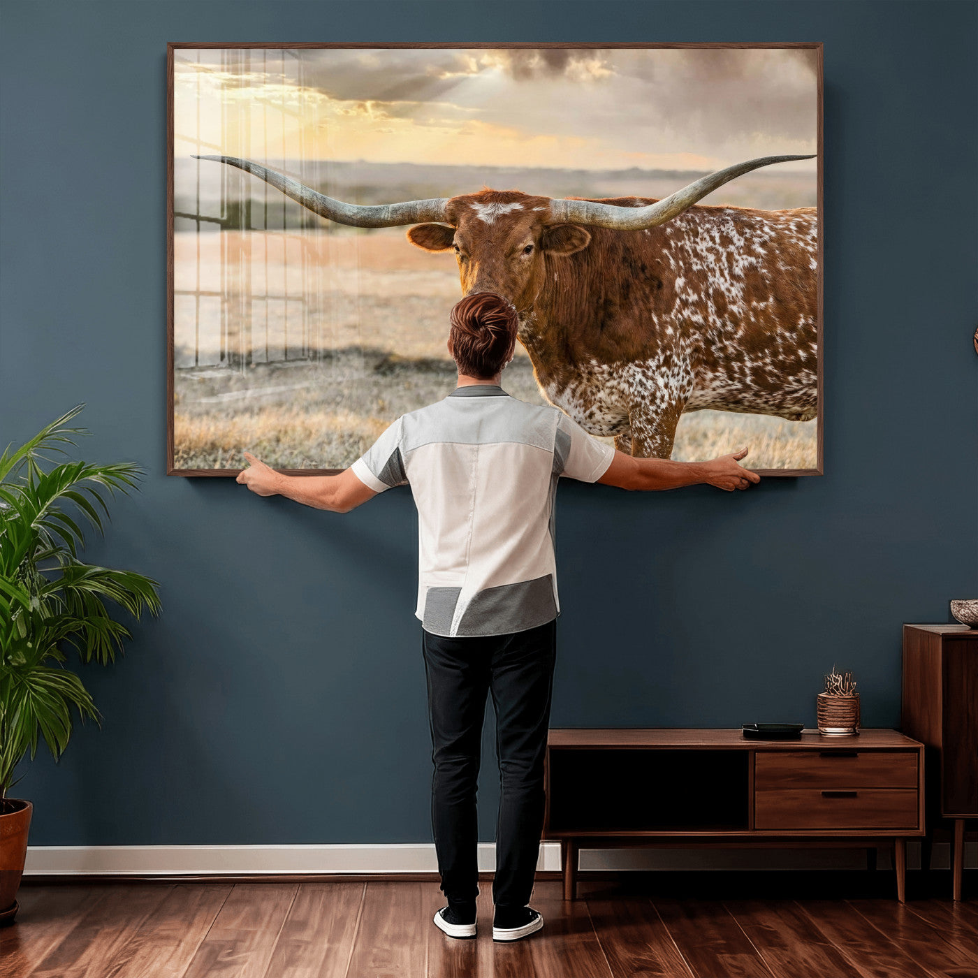 16502384-MGV-CV-36X24 - Texas Longhorn Wall Art Canvas Print, Western Ranch Bull Photography Canvas Print, Rustic Farmhouse Cattle Artwork for Living Room Decor