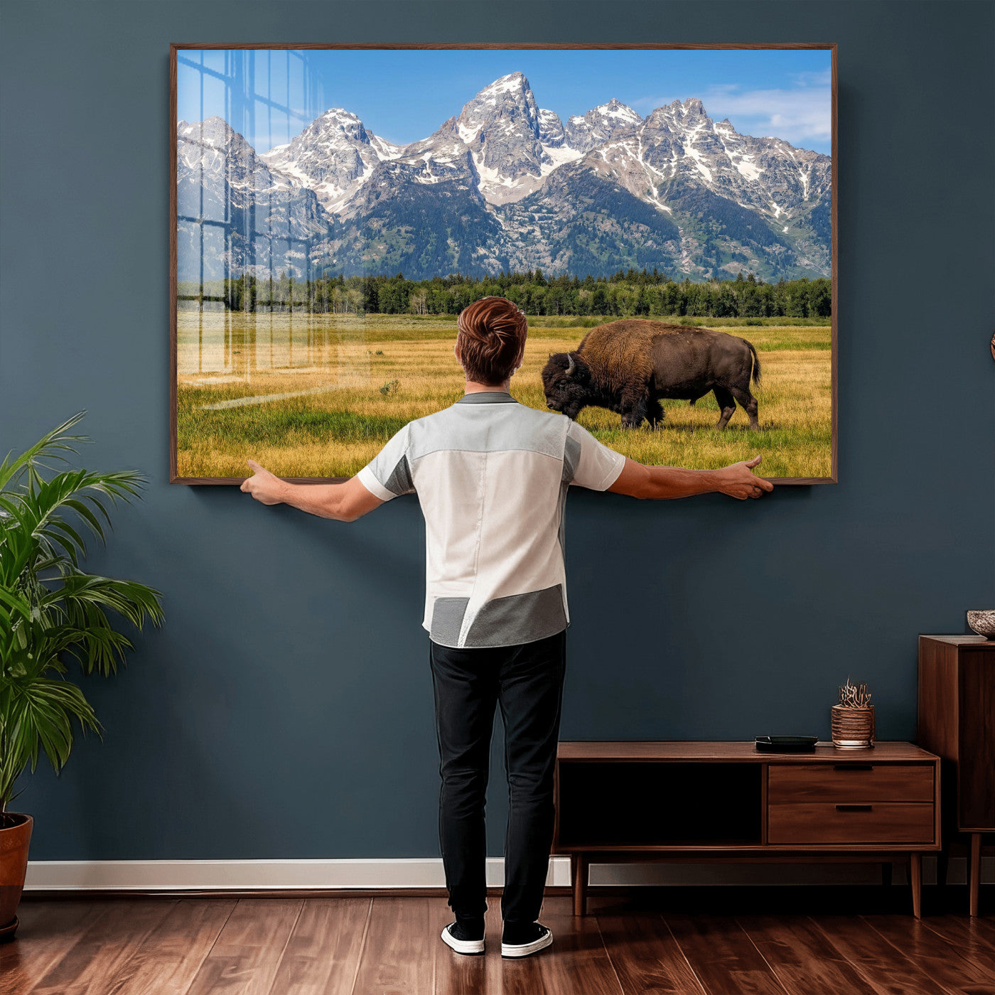 20424529-MGV-CV-36X24 - Bison in Mountain Landscape Wall Art Canvas Print – Western Wildlife Artwork for Rustic Living Room Decor