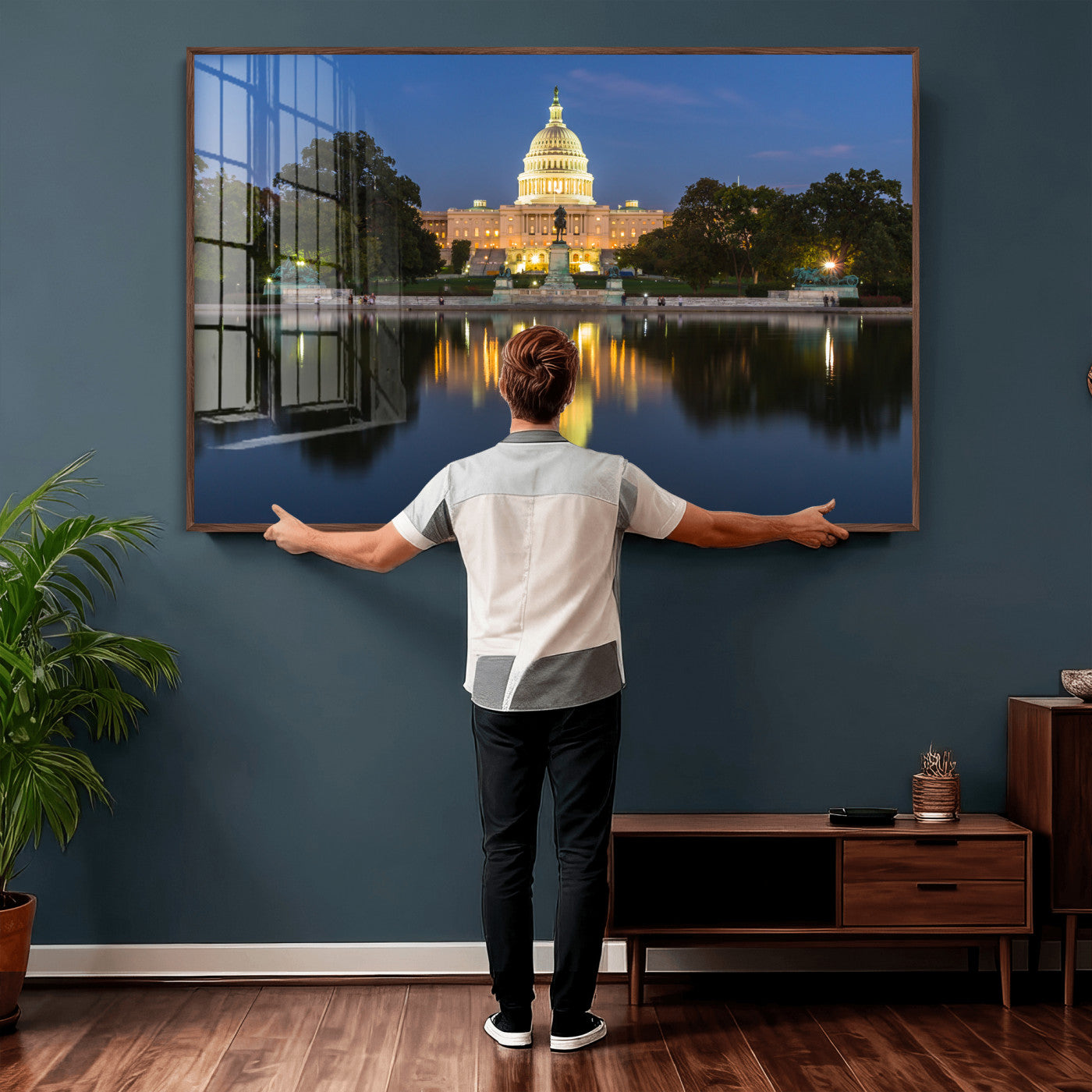 95568590-MGV-CV-36X24 - US Capitol Building Wall Art Canvas Print – Washington DC Landmark Night Reflection Artwork for Office Decor