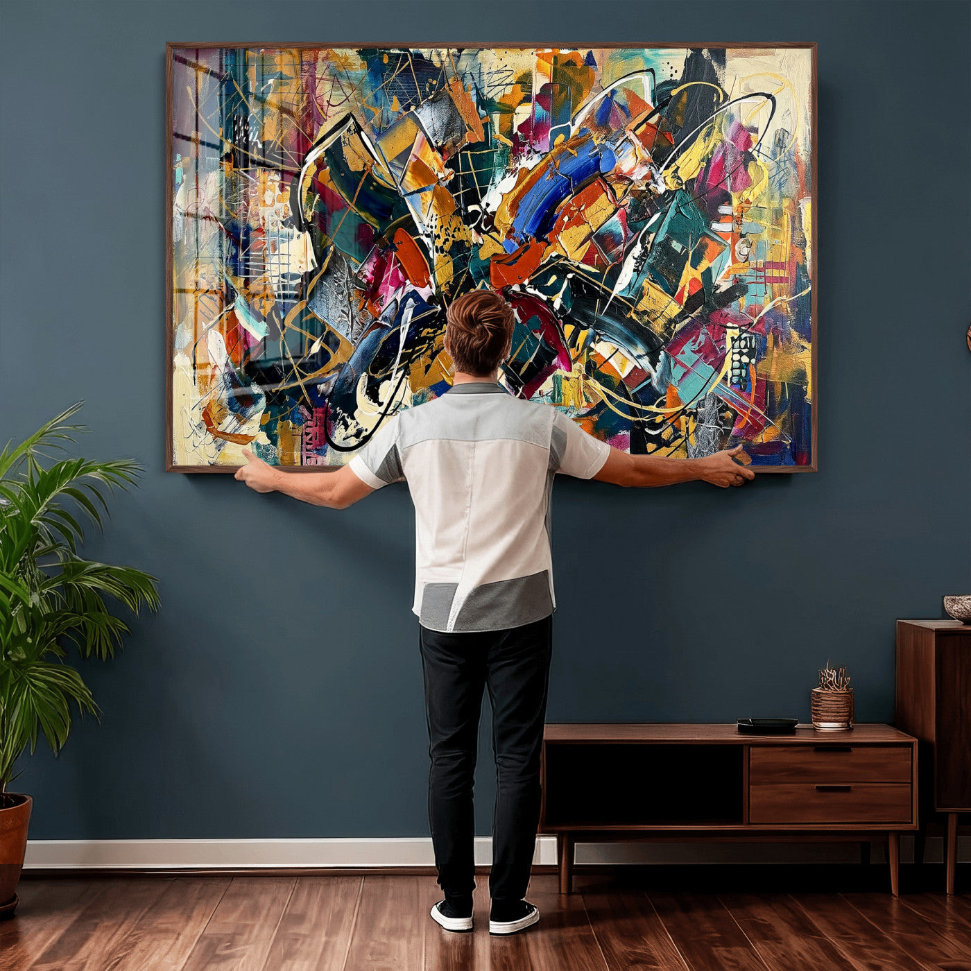 15525527-MGV-CV-36X24 - Geometric Abstract Wall Art Canvas Print, Orange Blue Abstract Expressionist Painting Print, Modern Geometric Abstract Canvas Art