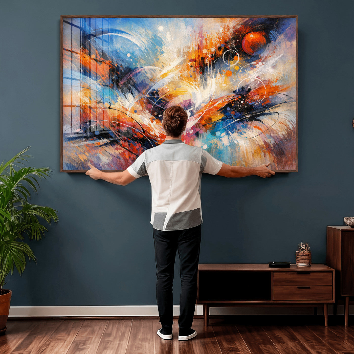 47770355-MGV-CV-36X24 - Geometric Abstract Wall Art Canvas Print, Orange Blue Abstract Expressionist Painting Print, Modern Geometric Abstract Canvas Art