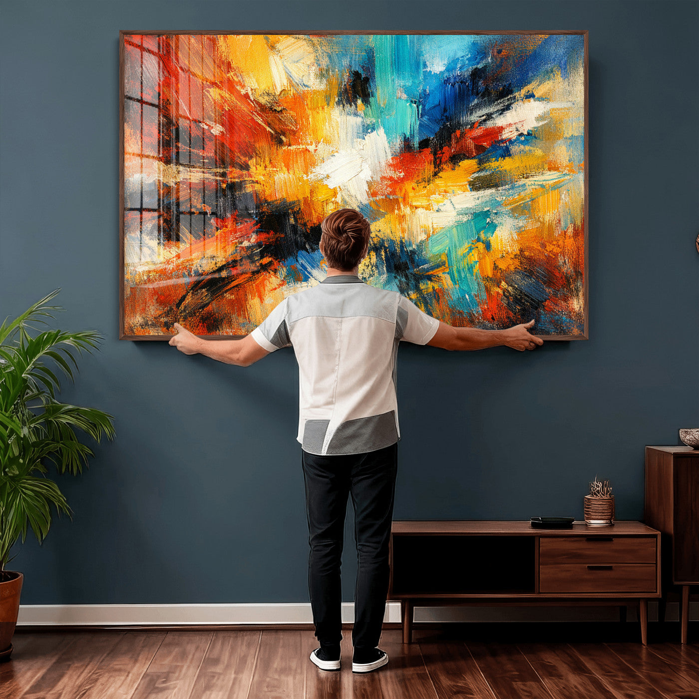 93167583-MGV-CV-36X24 - Geometric Abstract Wall Art Canvas Print, Orange Blue Abstract Expressionist Painting Print, Modern Geometric Abstract Canvas Art