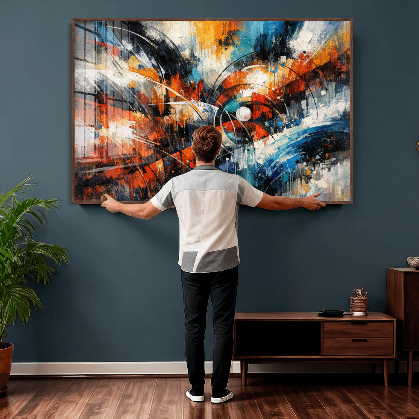 47120691-MGV-CV-36X24 - Geometric Abstract Wall Art Canvas Print, Orange Blue Abstract Expressionist Painting Print, Modern Geometric Abstract Canvas Art