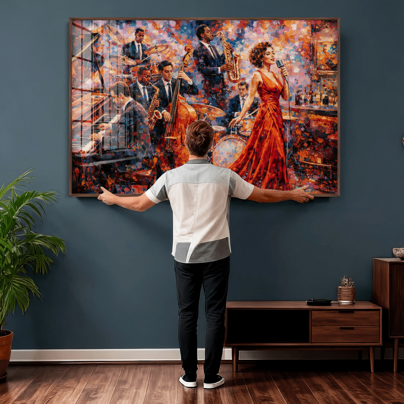 620930SF20-MGV-CV-36X24 - Jazz Band Canvas Wall Art — Jazz Club Singer Saxophone Print | Music Wall Decor | Bar Restaurant Art | Music Lover Gift | Jazz Home Decor