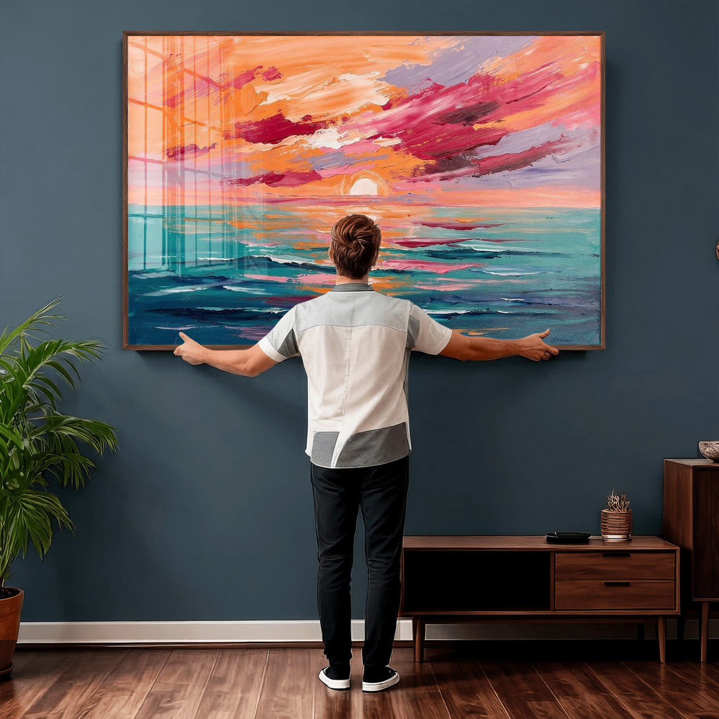 26763902-MGV-CV-36X24 - Bold Palette Knife Ocean Sunset Canvas — Orange Pink Teal Expressionist Sea Print | Colorful Coastal Wall Art | Vibrant Beach Decor Gift
