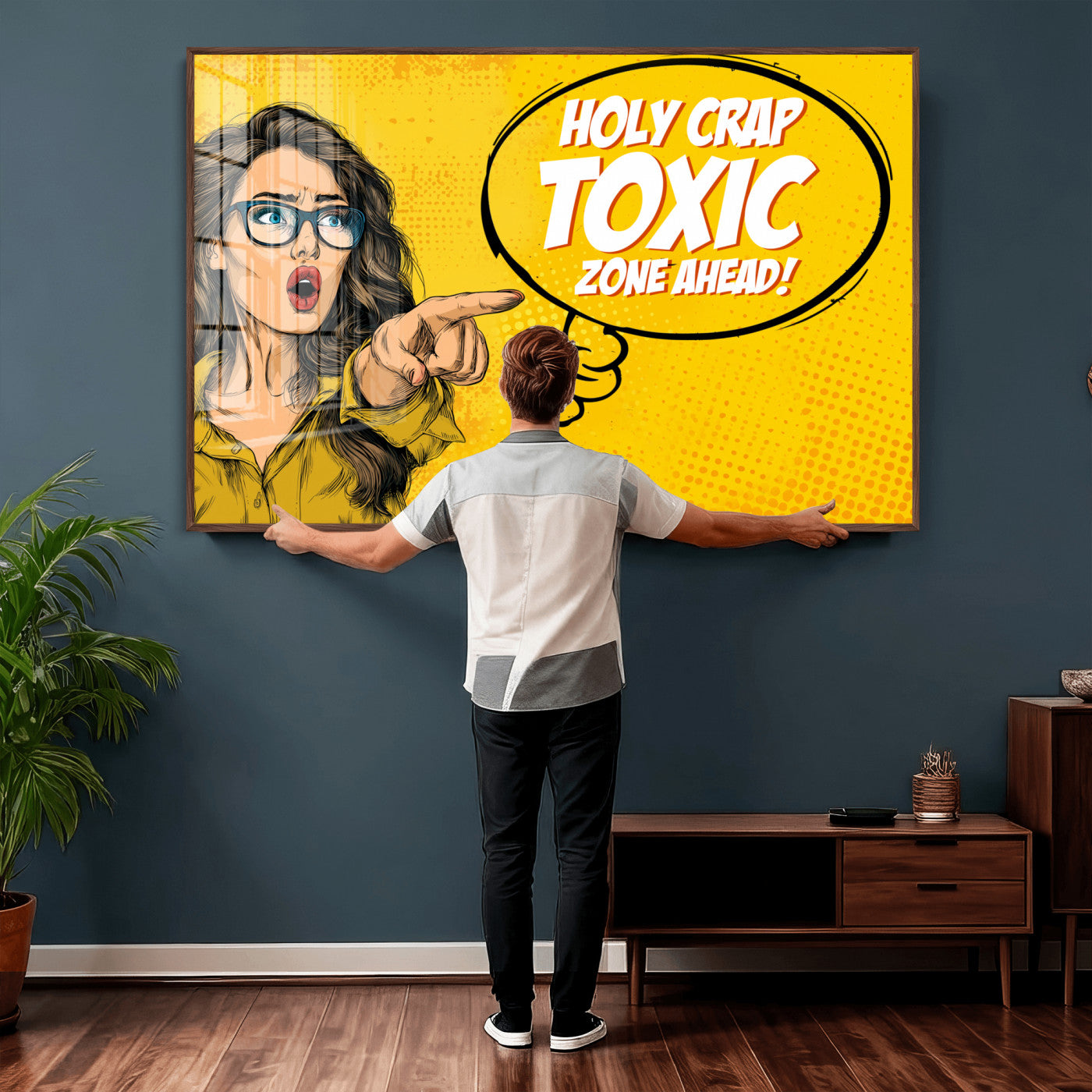 79751885-MGV-CV-36X24 - Pop Art Print Bathroom Sign Wall Art Canvas Print — Funny Bathroom Canvas | Comic Style Toilet Wall Decor | Humor Gift | Yellow Bold Bathroom Art