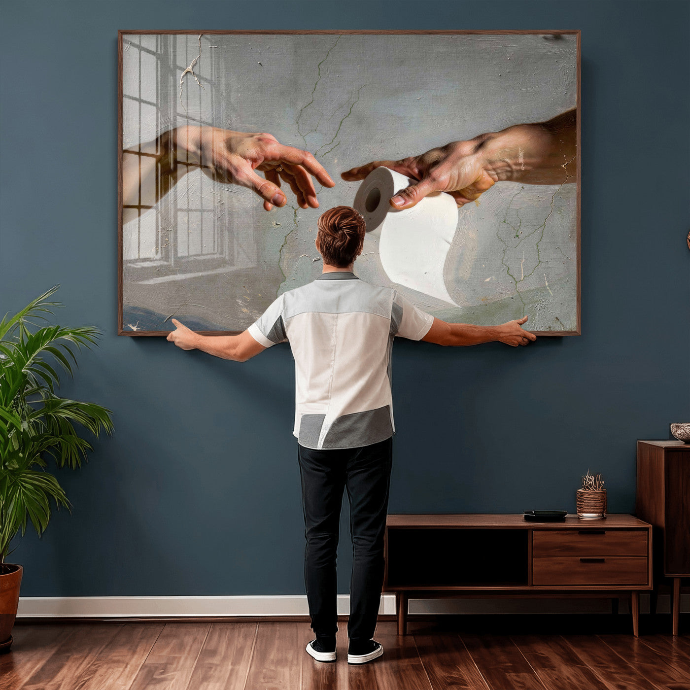 72030048-MGV-CV-36X24 - Funny Bathroom Wall Art Canvas, Creation of Toilet Paper Parody Print, Renaissance Humor Decor, Toilet Room Art, Quirky Housewarming Gift, Classic Art Spoof