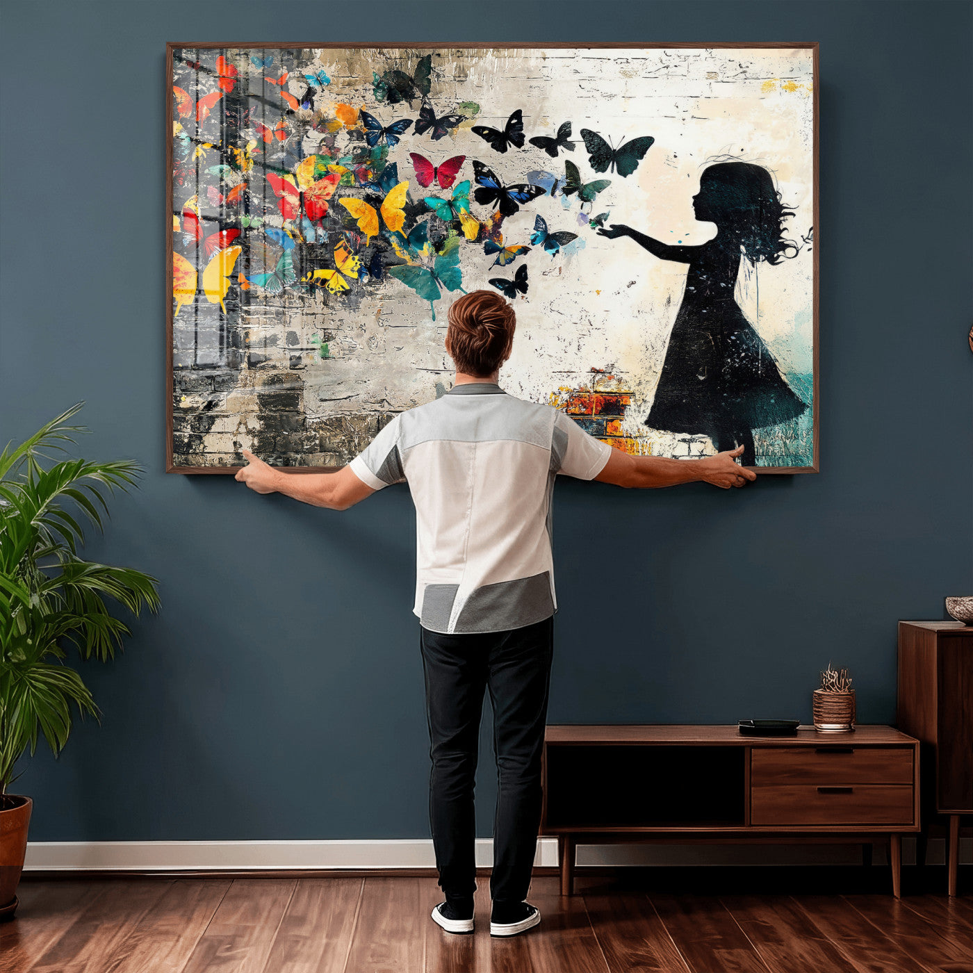 33909022-MGV-CV-36X24 - Banksy Butterfly Girl Wall Art Canvas Print, Framed Street Art Silhouette Graffiti Artwork, Colorful Butterfly Wall Decor for Living Room Bedroom Office