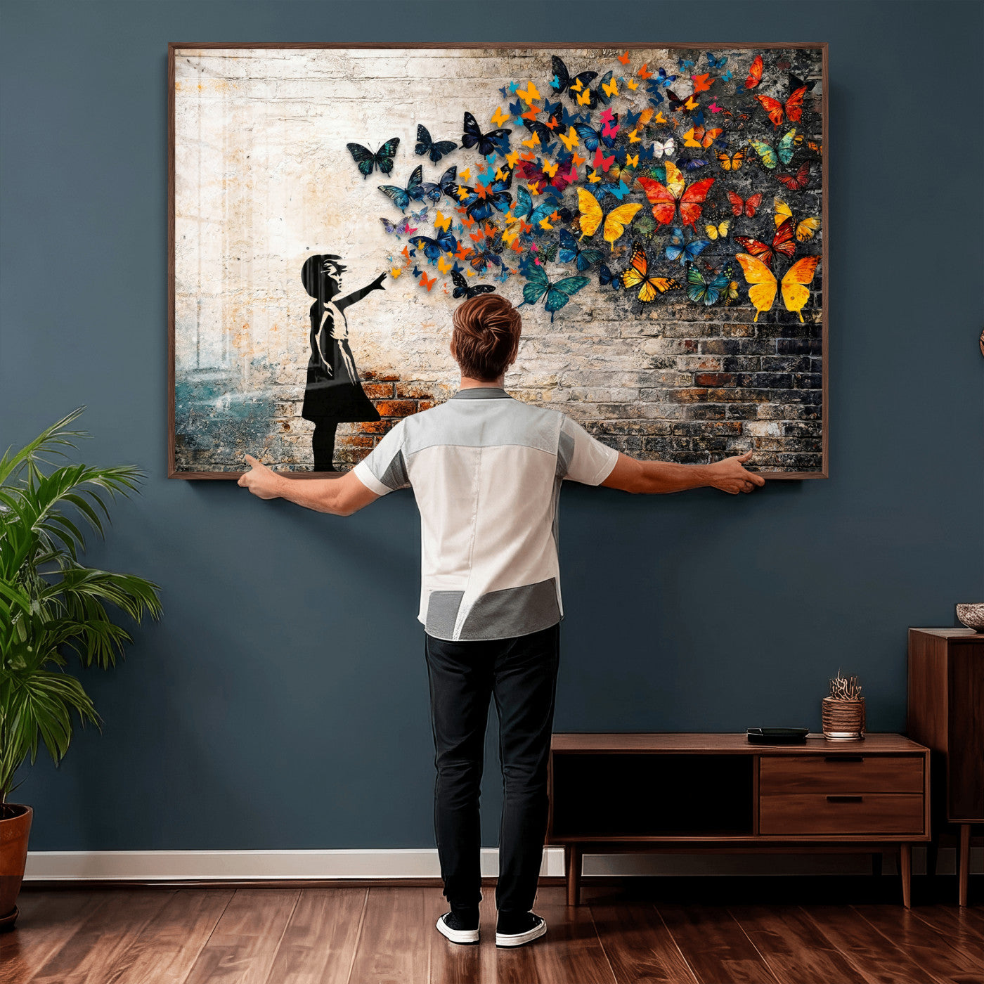 78760384-MGV-CV-36X24 - Banksy Graffiti Butterfly Girl Wall Art Canvas Print, Framed Street Art Canvas Print, Silhouette Butterfly Wall Art for Living Room Bedroom Office
