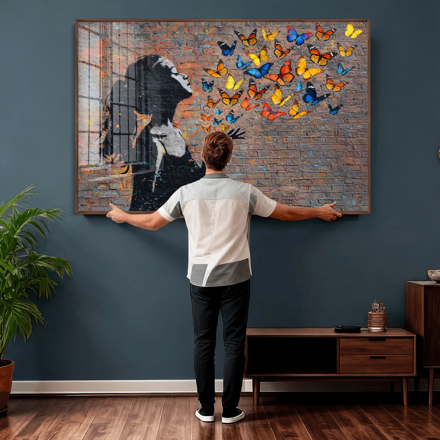 10555939-MGV-CV-36X24 - Urban Banksy Butterfly Girl Wall Art Canvas Print, Framed Street Art Canvas Print, Graffiti Silhouette Butterfly Wall Art for Living Room Bedroom Office