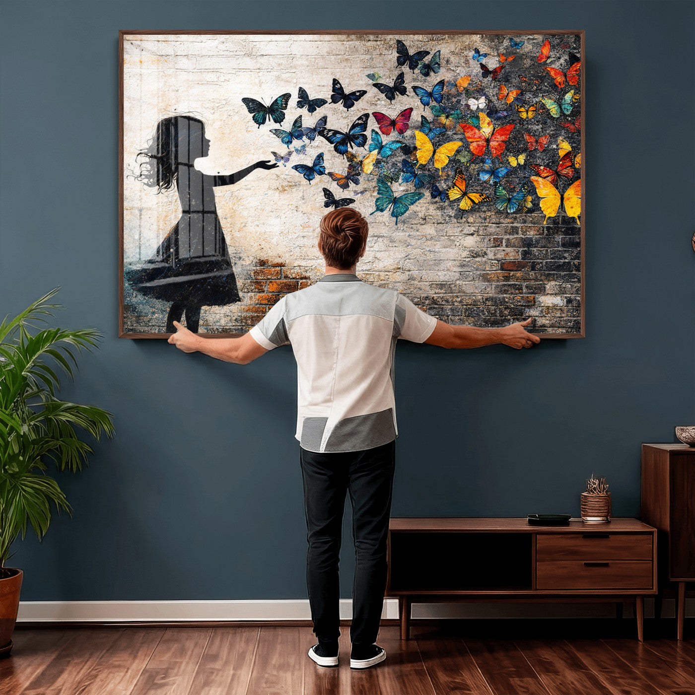 70522594-MGV-CV-36X24 - Banksy Butterfly Girl Wall Art Canvas Print, Framed Street Art Canvas Print, Graffiti Silhouette Butterfly Wall Art for Living Room Bedroom Office