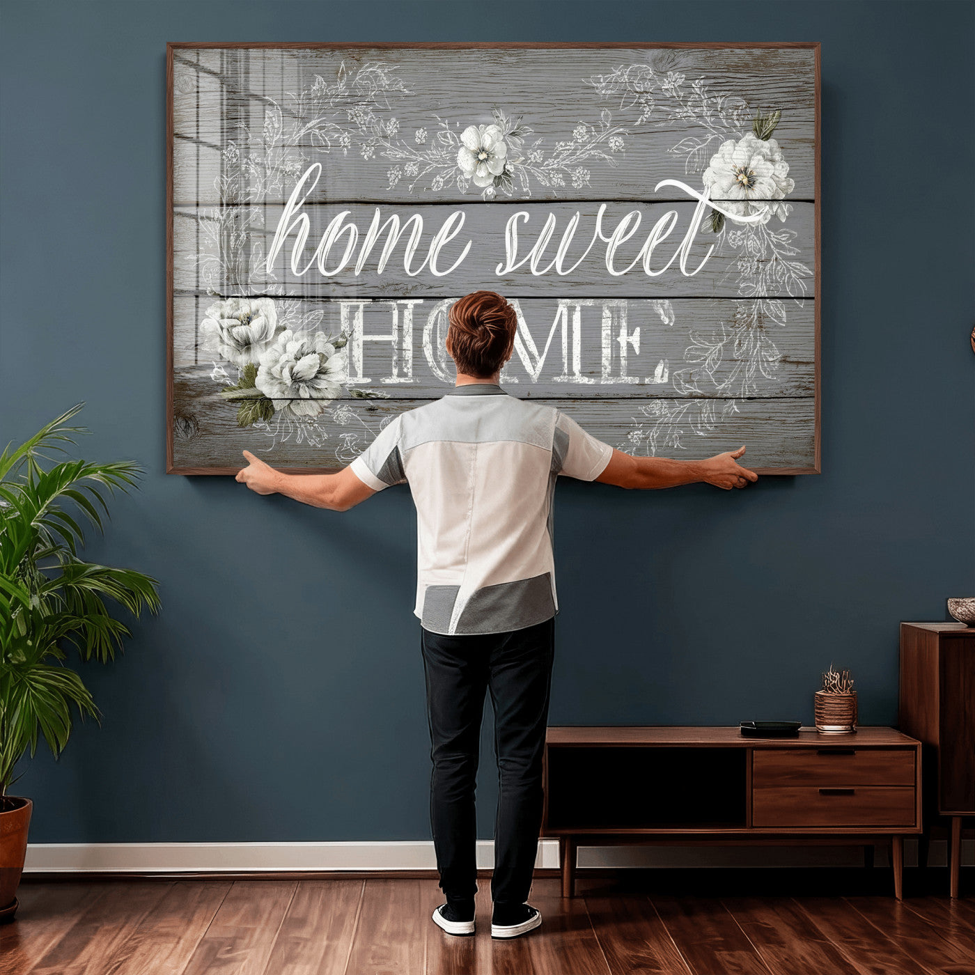 42160089-MGV-CV-36X24 - Home Sweet Home Sign Wall Art Canvas Print, Floral Farmhouse Sign, Rustic Neutral Entryway Bedroom Living Room Decor