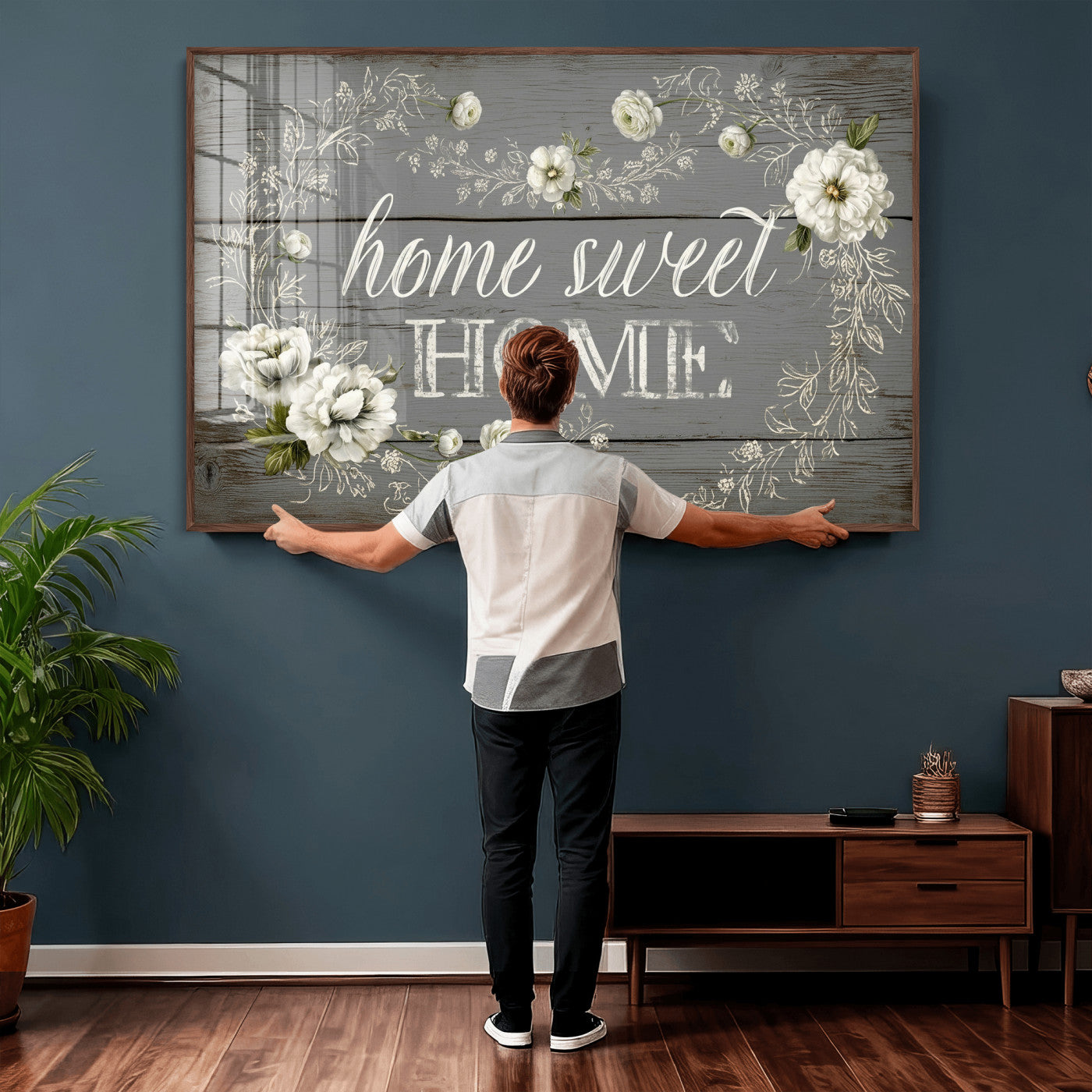 32056075-MGV-CV-36X24 - Home Sweet Home Wall Art Canvas Print, Floral Farmhouse Sign, Rustic Neutral Entryway Bedroom Living Room Decor