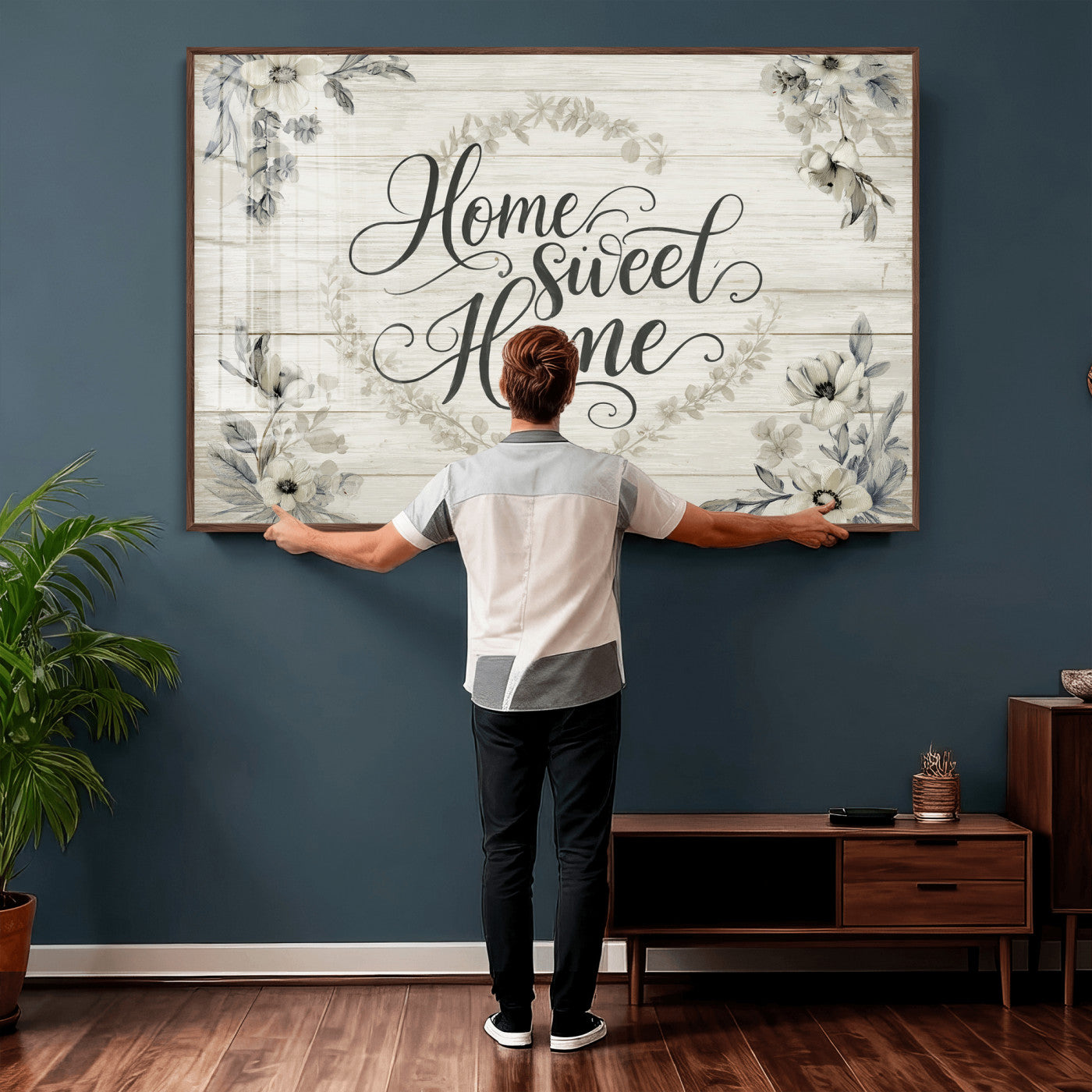 81157008-MGV-CV-36X24 - Home Sweet Home Wall Art Canvas Print, Floral Farmhouse Sign, Rustic Neutral Entryway Bedroom Living Room Decor