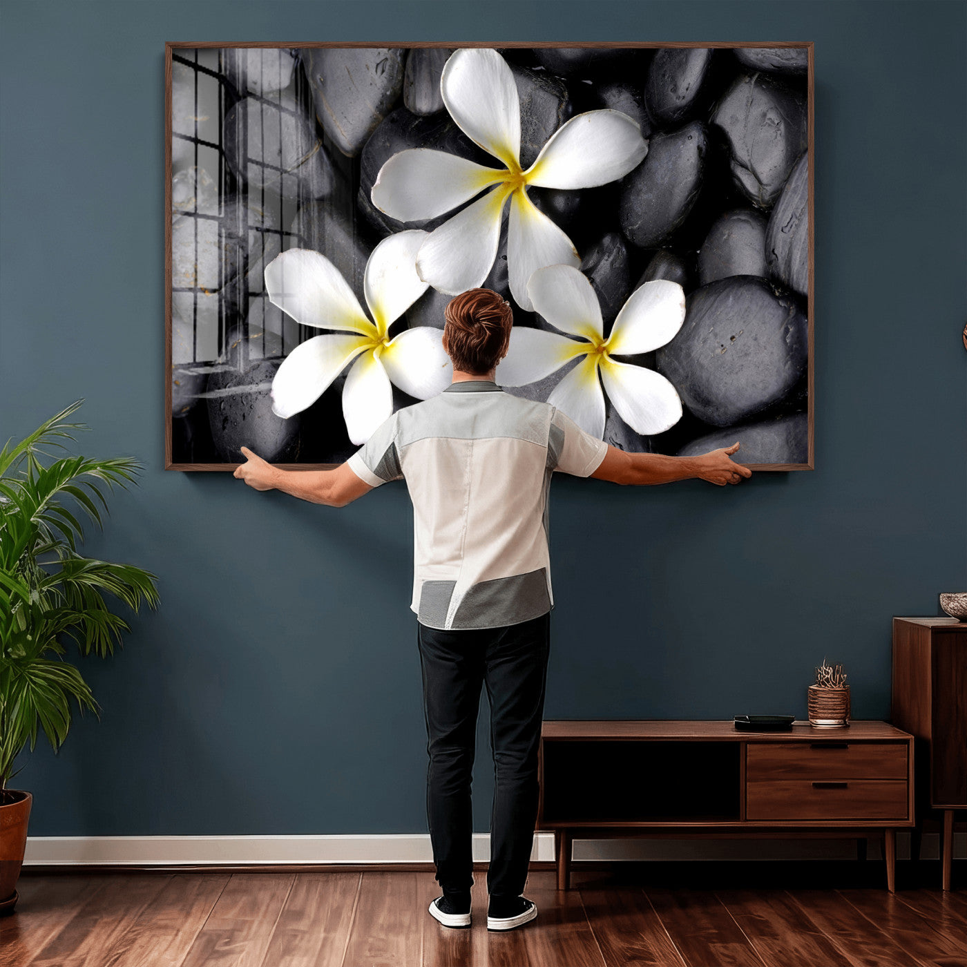 43639613-MGV-CV-36X24 - Plumeria Frangipani Black Stone Canvas | White Flower Spa Photography Print | Tropical Zen Wall Art | Grey Pebble Floral Decor