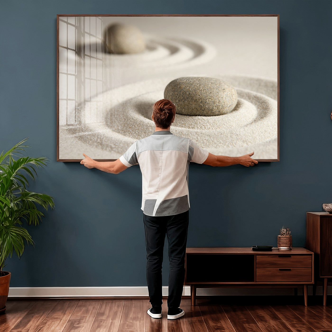 13397966-MGV-CV-36X24 - Zen Garden Stone Sand Canvas | Japanese Rock Garden Wall Art | Minimalist Meditation Print | Neutral Beige Mindfulness Decor