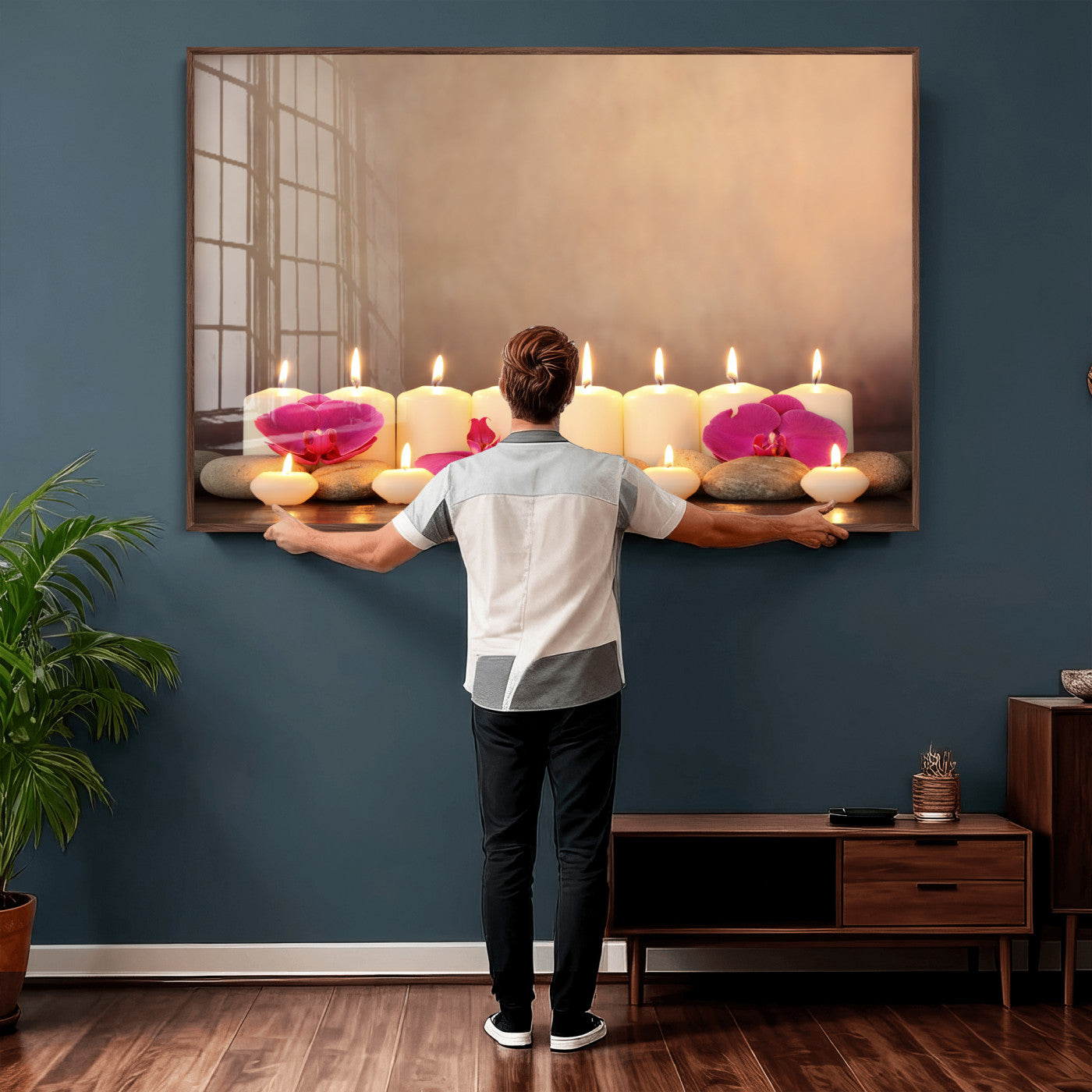 59470569-MGV-CV-36X24 - Spa Candles Orchid Canvas Print | Zen Wellness Relaxation Wall Art | Pink Flower Candlelight Bathroom Decor | Calm Beige Photography