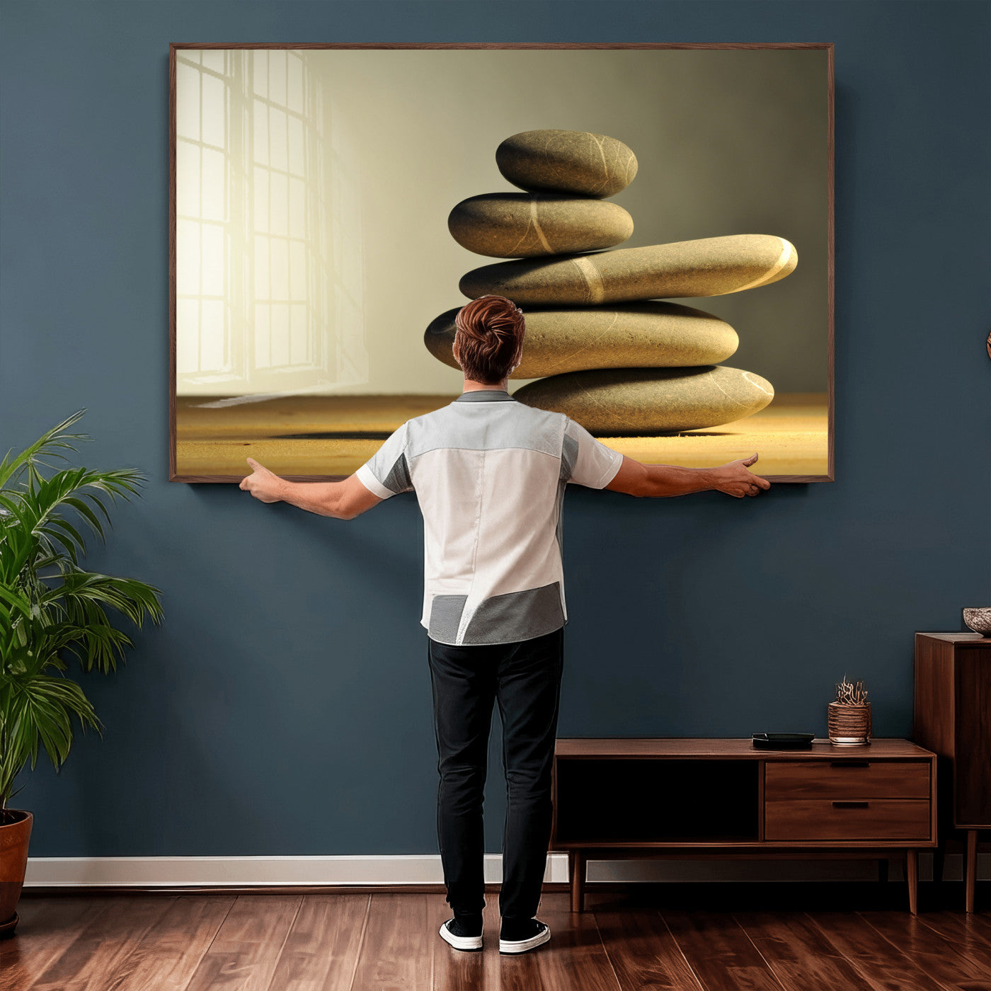 85424263-MGV-CV-36X24 - Zen Stone Wall Art Canvas Print, Balanced Rock Stack Framed Spa Artwork, Minimalist Meditation Decor for Living Room Bedroom Office Bathroom
