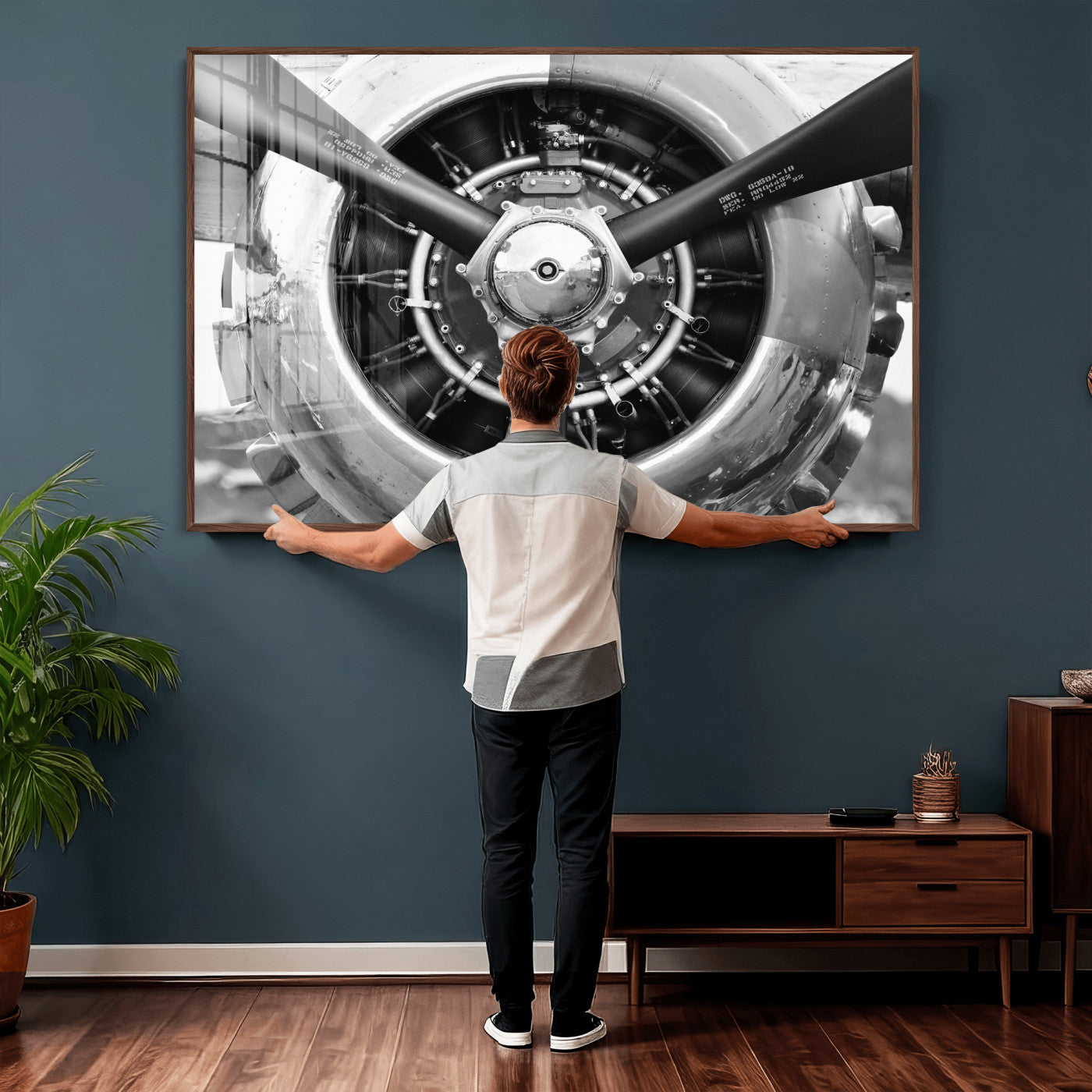 73322230-MGV-CV-36X24 - Vintage Propeller Plane Wall Art Canvas Print, Black and White Airplane Engine Close Up Framed Aviation Artwork for Pilot Office Hangar Decor