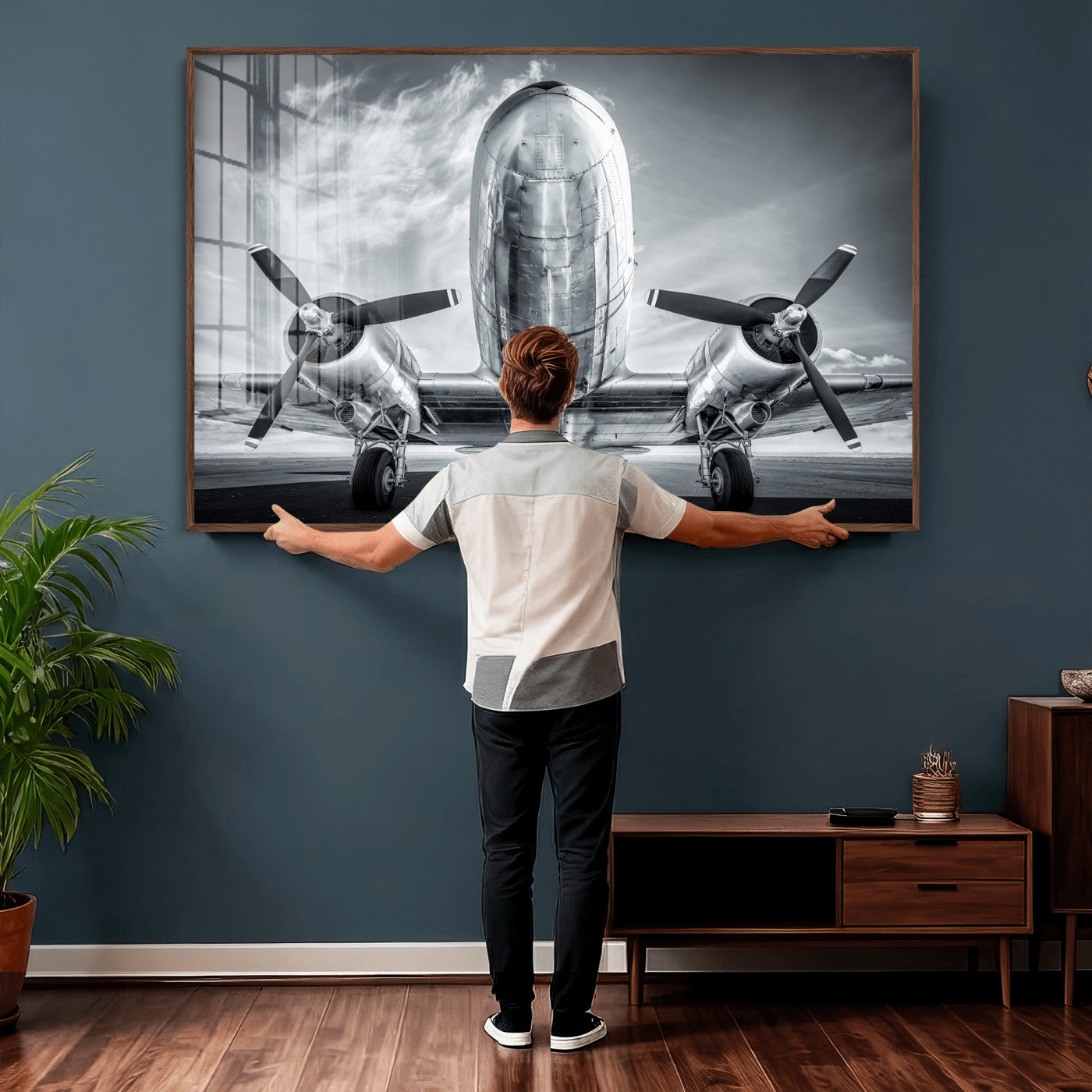 59729636-MGV-CV-36X24 - Vintage Propeller Plane Wall Art Canvas Print, Black and White Airplane Engine Close Up Framed Aviation Artwork for Pilot Office Hangar Decor